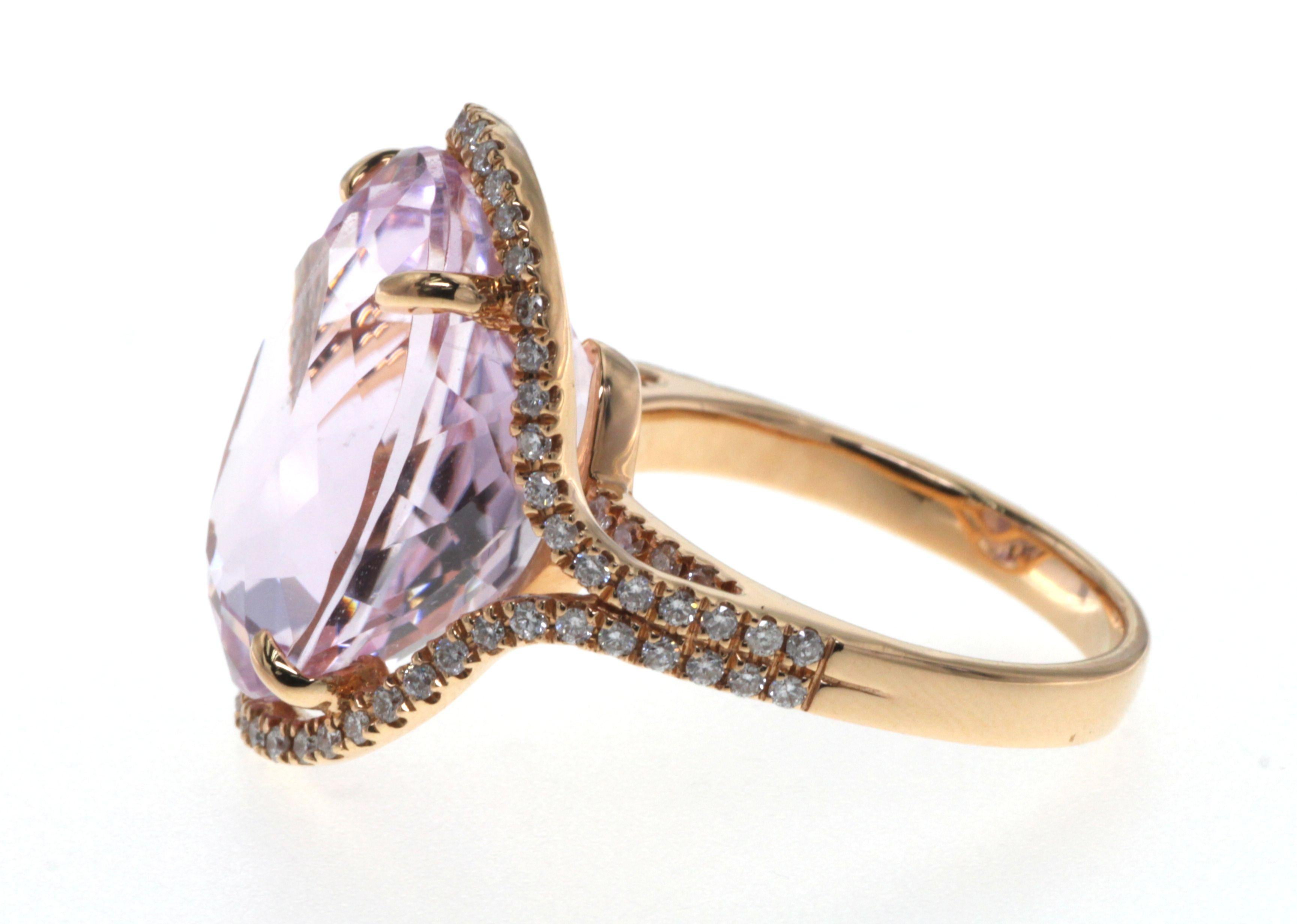 Contemporary 16.70 Ct Kunzite Diamond Cocktail Ring in 18 Karat Rose Gold For Sale