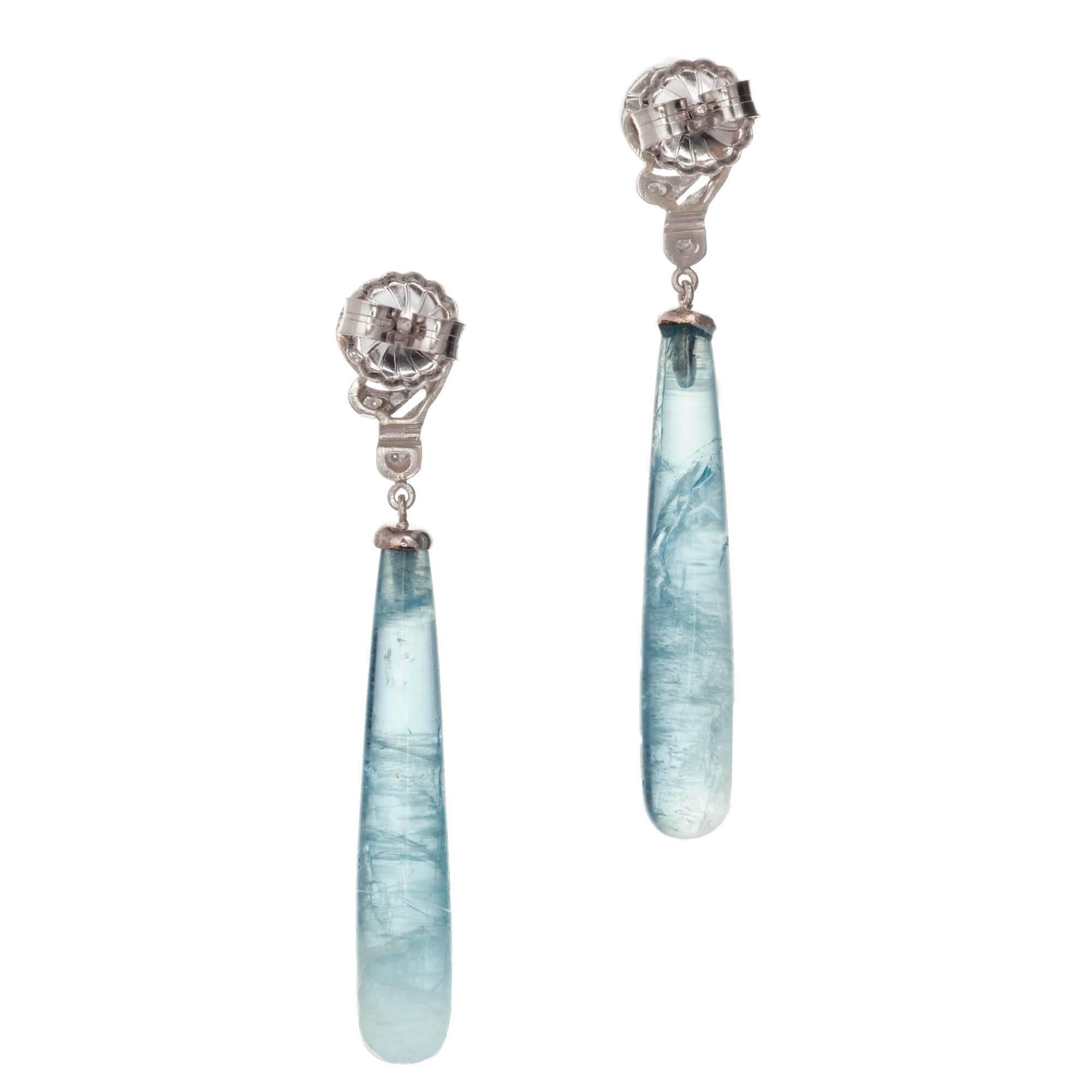 Round Cut 16.70 Carat Long Natural Aqua Diamond Art Deco Dangle Earrings