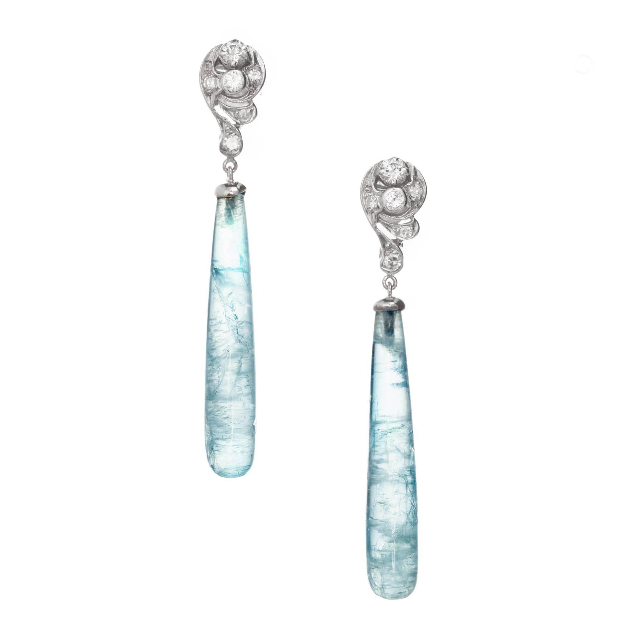 16.70 Carat Long Natural Aqua Diamond Art Deco Dangle Earrings