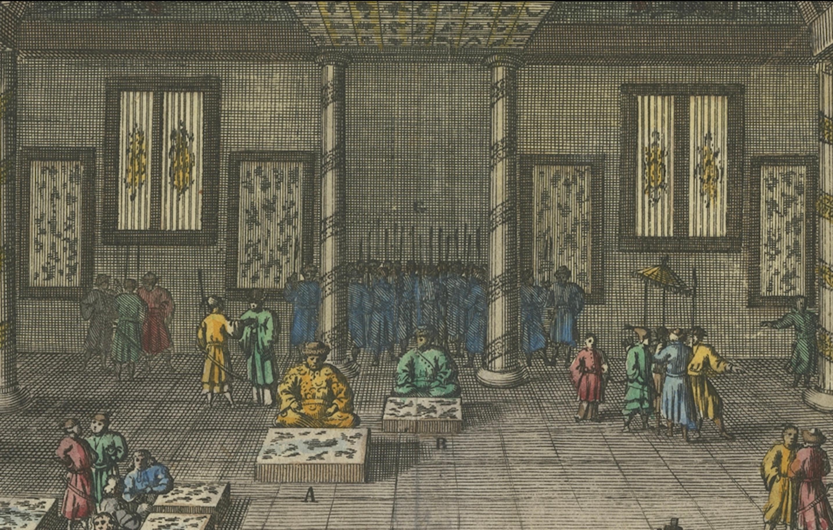 1670 Royal Banquet for Dutch Embassy in China - Antique Engraving by Dapper In Fair Condition For Sale In Langweer, NL