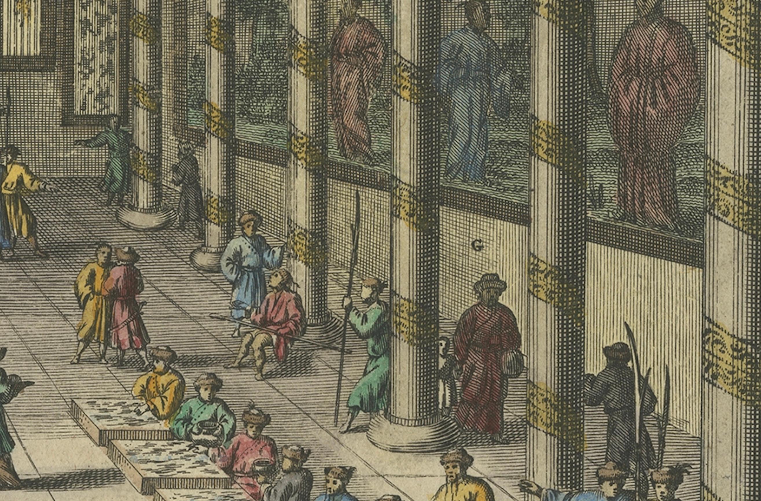 1670 Royal Banquet for Dutch Embassy in China - Antique Engraving by Dapper For Sale 1