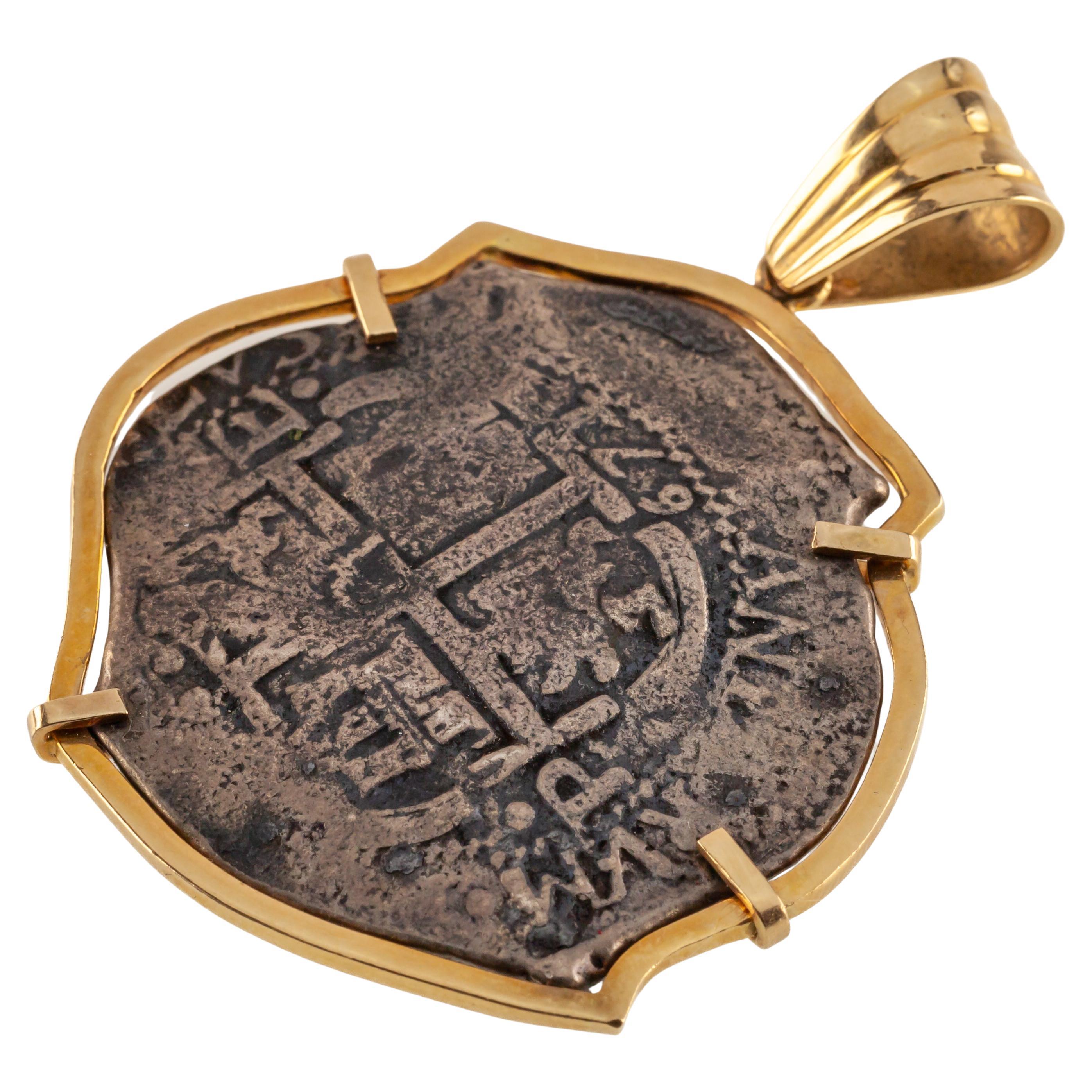 1672 8 Reales Shipwreck Coin in Custom 14k Yellow Gold Bezel w/ Bail