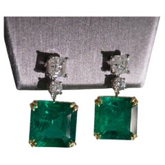 16.72 Carat Emerald Drop Earrings, Platinum, 18k Yellow Gold, Diamonds 3.12