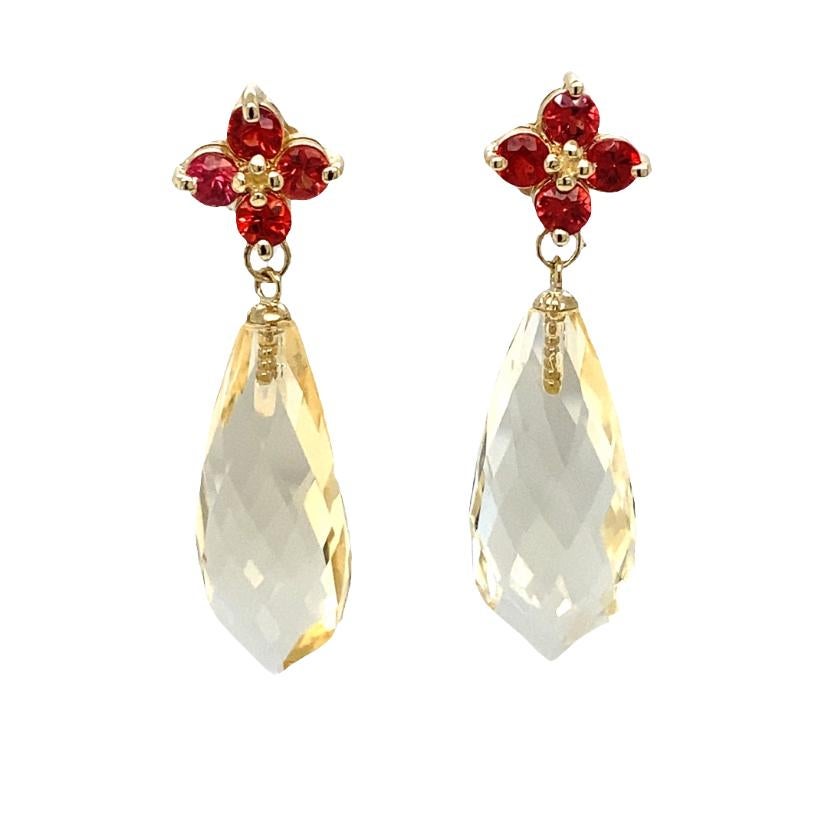 Mixed Cut 16.72 Carat Lemon Quartz Sapphire Yellow Gold Drop Earrings For Sale