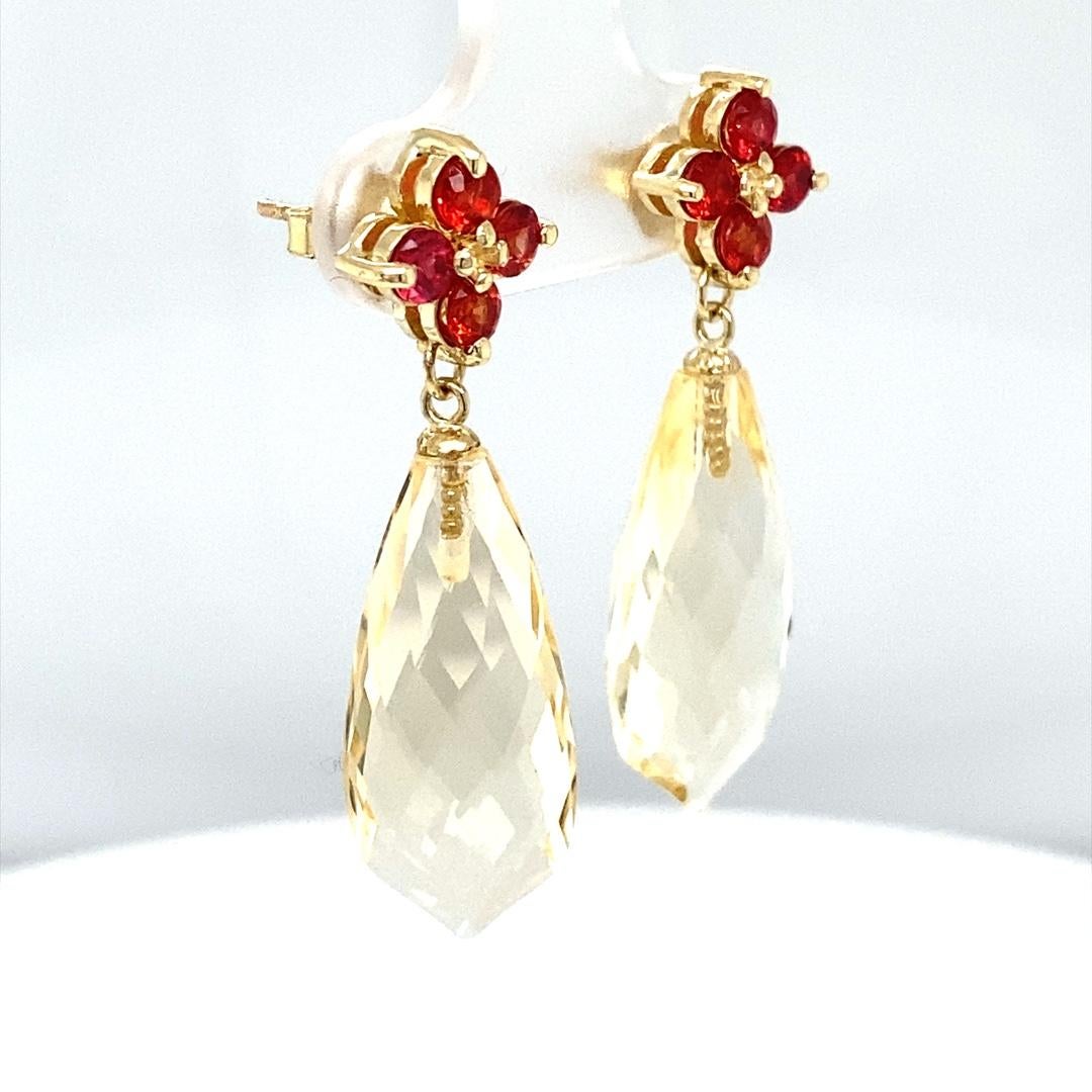 16.72 Carat Lemon Quartz Sapphire Yellow Gold Drop Earrings In New Condition For Sale In Los Angeles, CA