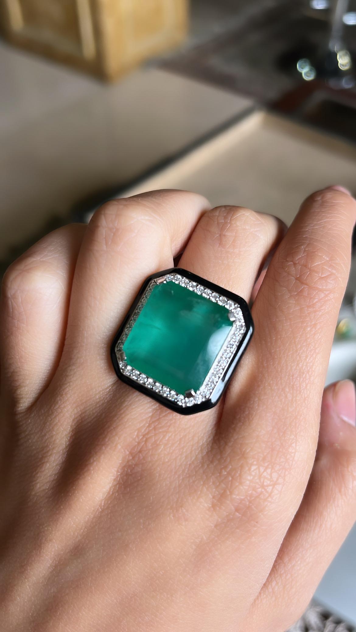 Art Deco 16.72 Carats, Zambian Emerald, Black Enamel & Diamonds Cocktail/ Engagement Ring