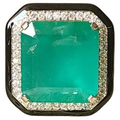 16.72 Carats, Zambian Emerald, Black Enamel & Diamonds Cocktail/ Engagement Ring