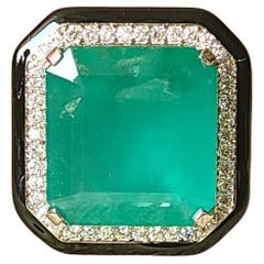 16,72 carati, smeraldo dello Zambia, smalto nero e diamanti, anello da cocktail/di fidanzamento