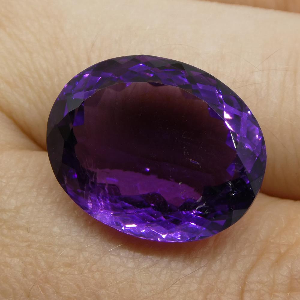 Description:

Gem Type: Amethyst
Number of Stones: 1
Weight: 16.72 cts
Measurements: 18.30x14.70x9.7 mm
Shape: Oval
Cutting Style Crown: Modified Brilliant
Cutting Style Pavilion: Modified Brilliant
Transparency: Transparent
Clarity: Very Slightly
