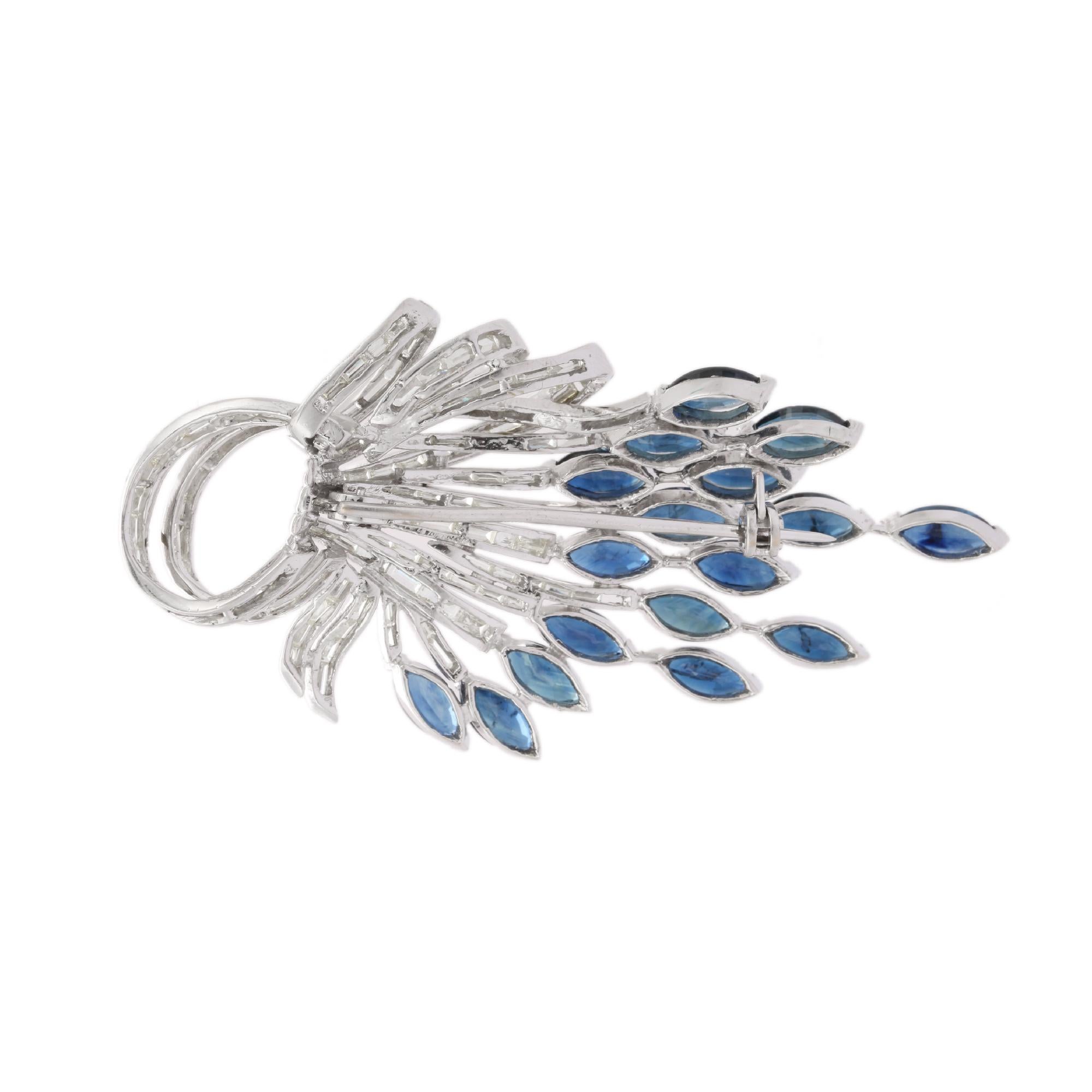 Marquise Cut 16.72 CTW Sapphire Unisex Brooch with 4.61 CTW Diamonds in 18k Solid White Gold For Sale