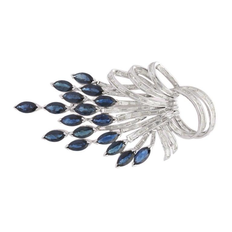 16.72 CTW Sapphire Unisex Brooch with 4.61 CTW Diamonds in 18k Solid White Gold For Sale 1