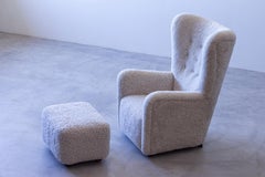 "1672" Wingback Chair and stool by Fritz Hansen, with Sheep Skin, Denmark, 1930s