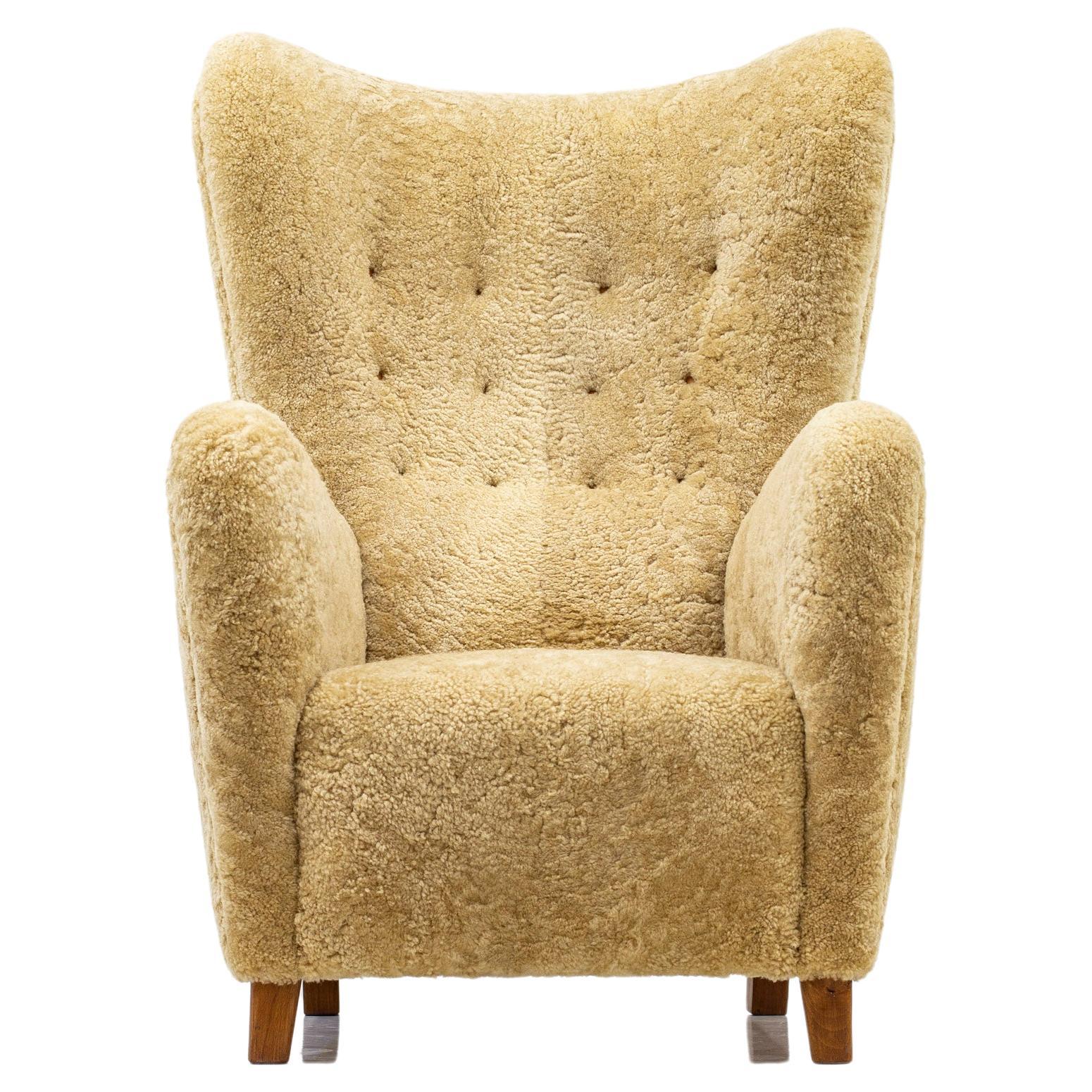 "1672" Wingback Chair by Fritz Hansen, with Sheep Skin, Denmark, 1930s