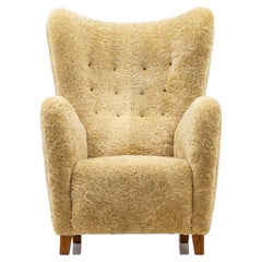 "1672" Wingback Chair by Fritz Hansen, with Sheep Skin, Denmark, 1930s