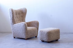 "1672" Wingback Chair with footstool by Fritz Hansen, with Sheep Skin