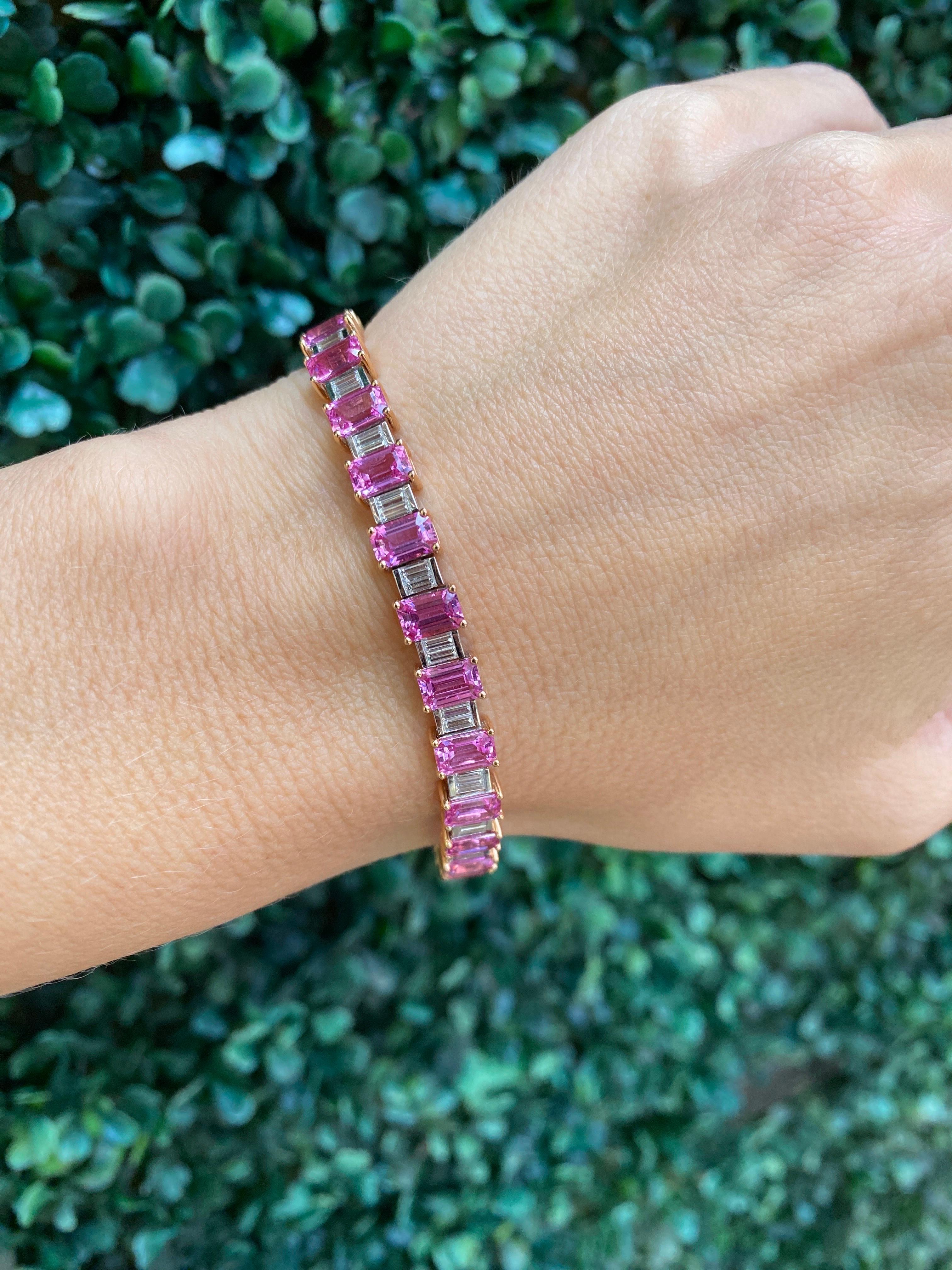 Armband mit 16,73 Karat rosa Saphiren im Smaragdschliff und 8,07 Karat natürlichen Baguette-Diamanten 7