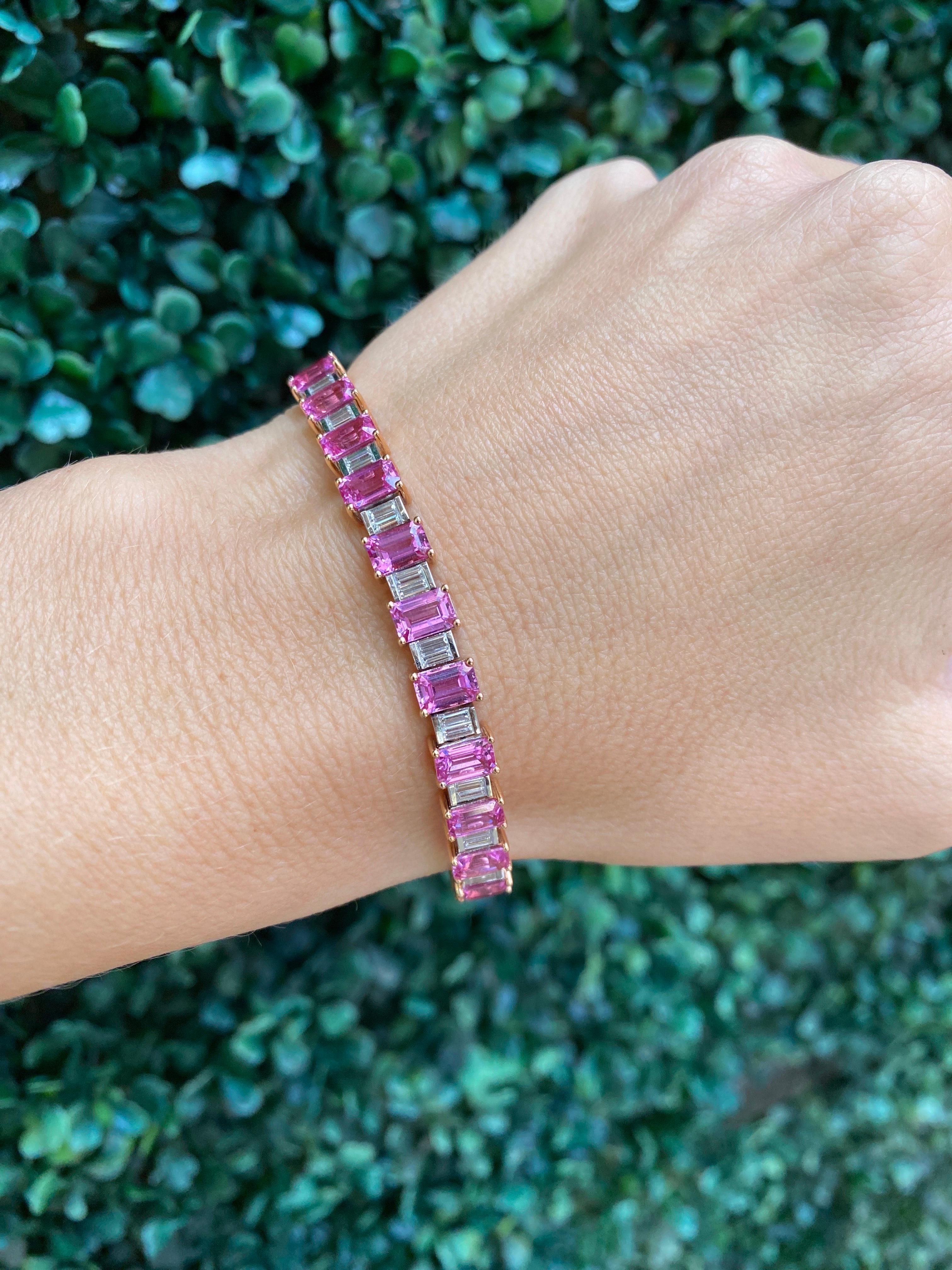Armband mit 16,73 Karat rosa Saphiren im Smaragdschliff und 8,07 Karat natürlichen Baguette-Diamanten 4