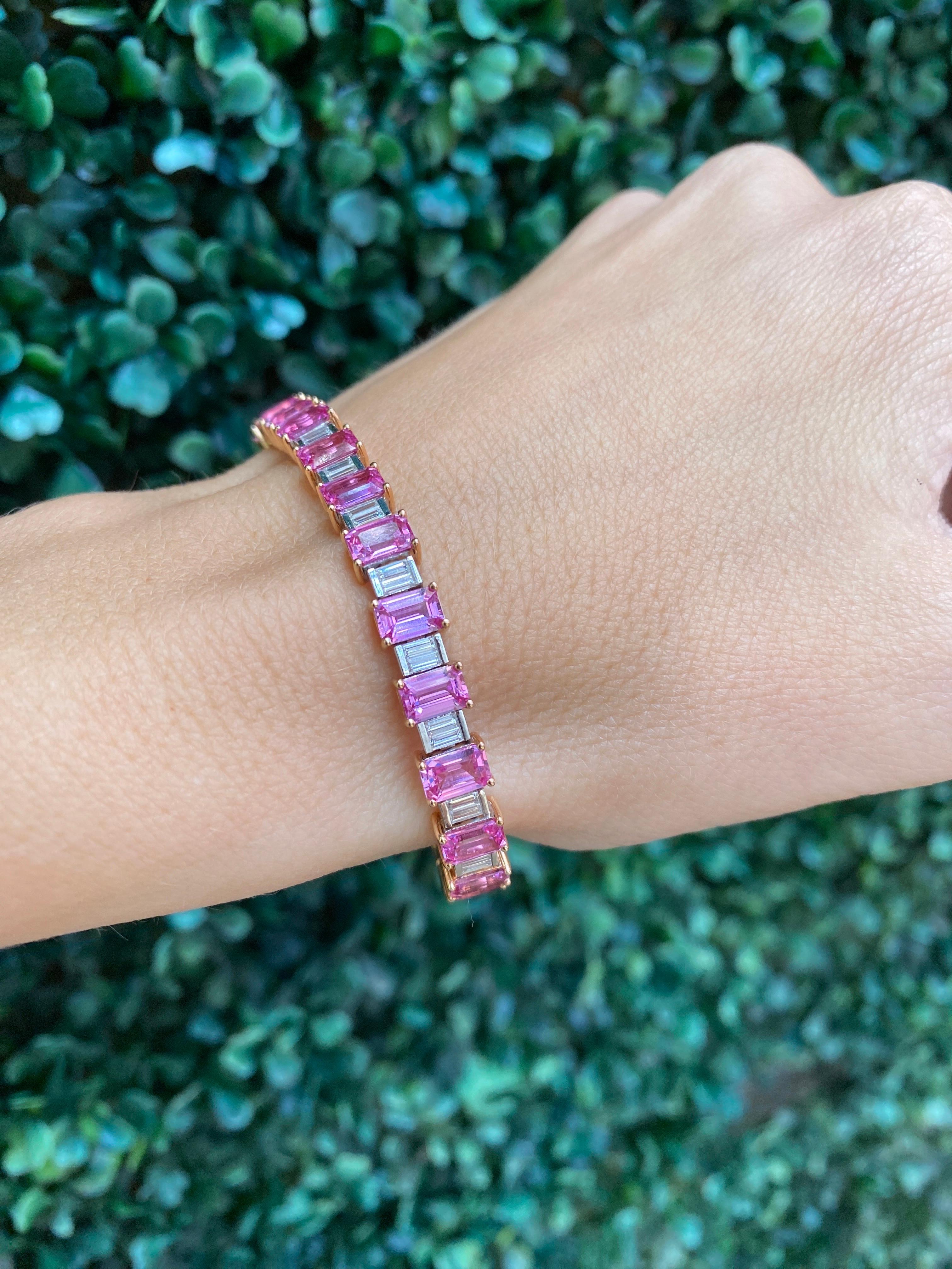 Armband mit 16,73 Karat rosa Saphiren im Smaragdschliff und 8,07 Karat natürlichen Baguette-Diamanten 5