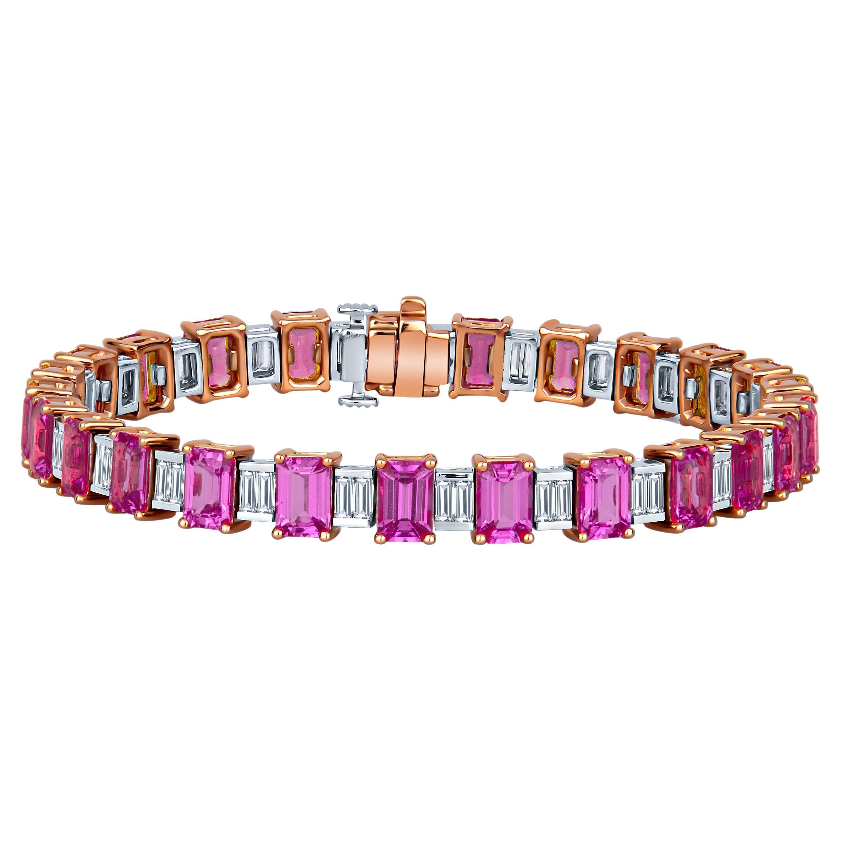 Armband mit 16,73 Karat rosa Saphiren im Smaragdschliff und 8,07 Karat natürlichen Baguette-Diamanten