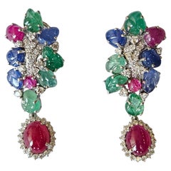 16.75 carats, carved Blue Sapphire, Emerald, Ruby & Diamonds Chandelier Earrings