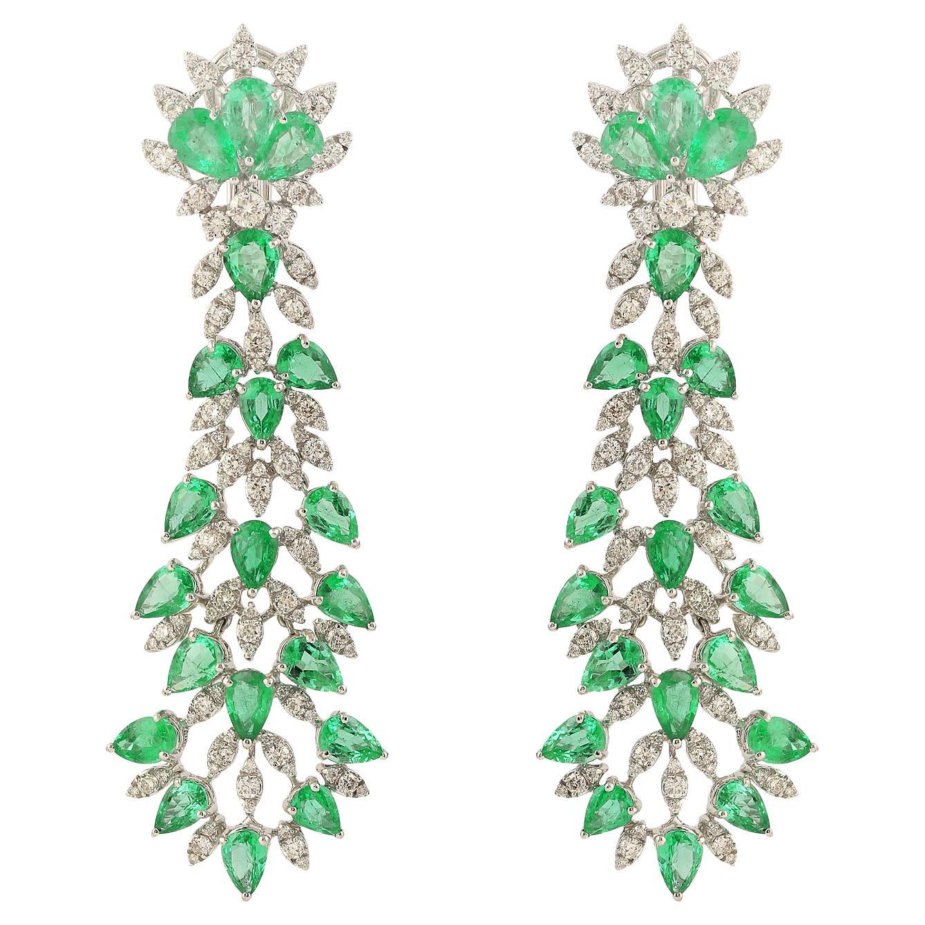 16.75 Carats Zambian Emerald 3.26 Carats Diamond 14 Karat Gold Drop Earrings