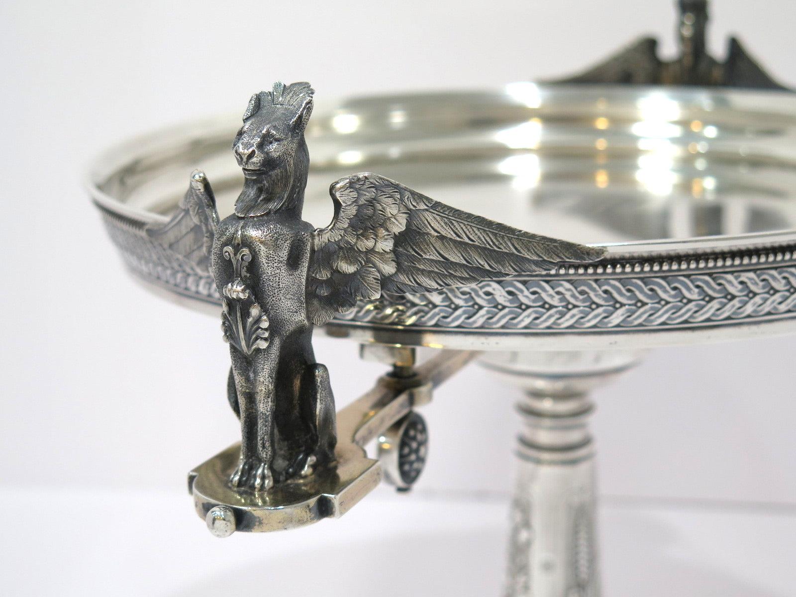 American Sterling Silver John Wendt Antique Winged Lionesses Footed Platter For Sale