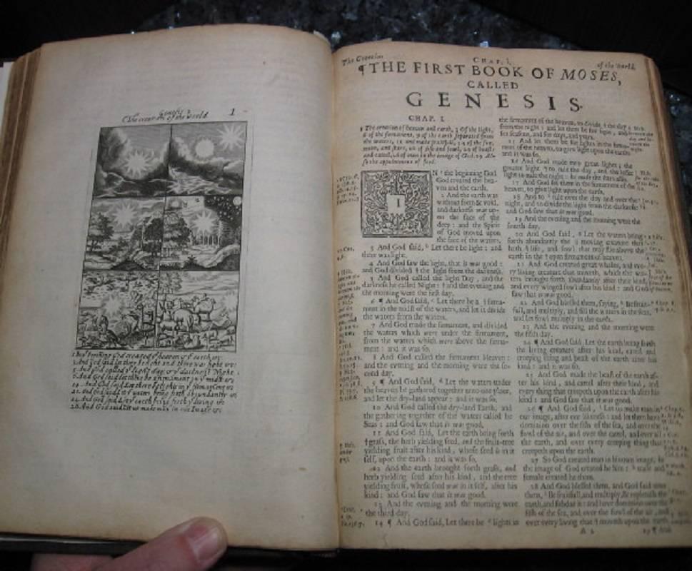 1675 Bible. King James. Lavishly Illustrated. Printed in Cambridge by John Hayes, 1675. Reference: Herbert 721. Complete in 3 Parts: Book of Common Prayer, Old Testament, New Testament. All titles intact. Gilt edges, though fading, with 178 copper