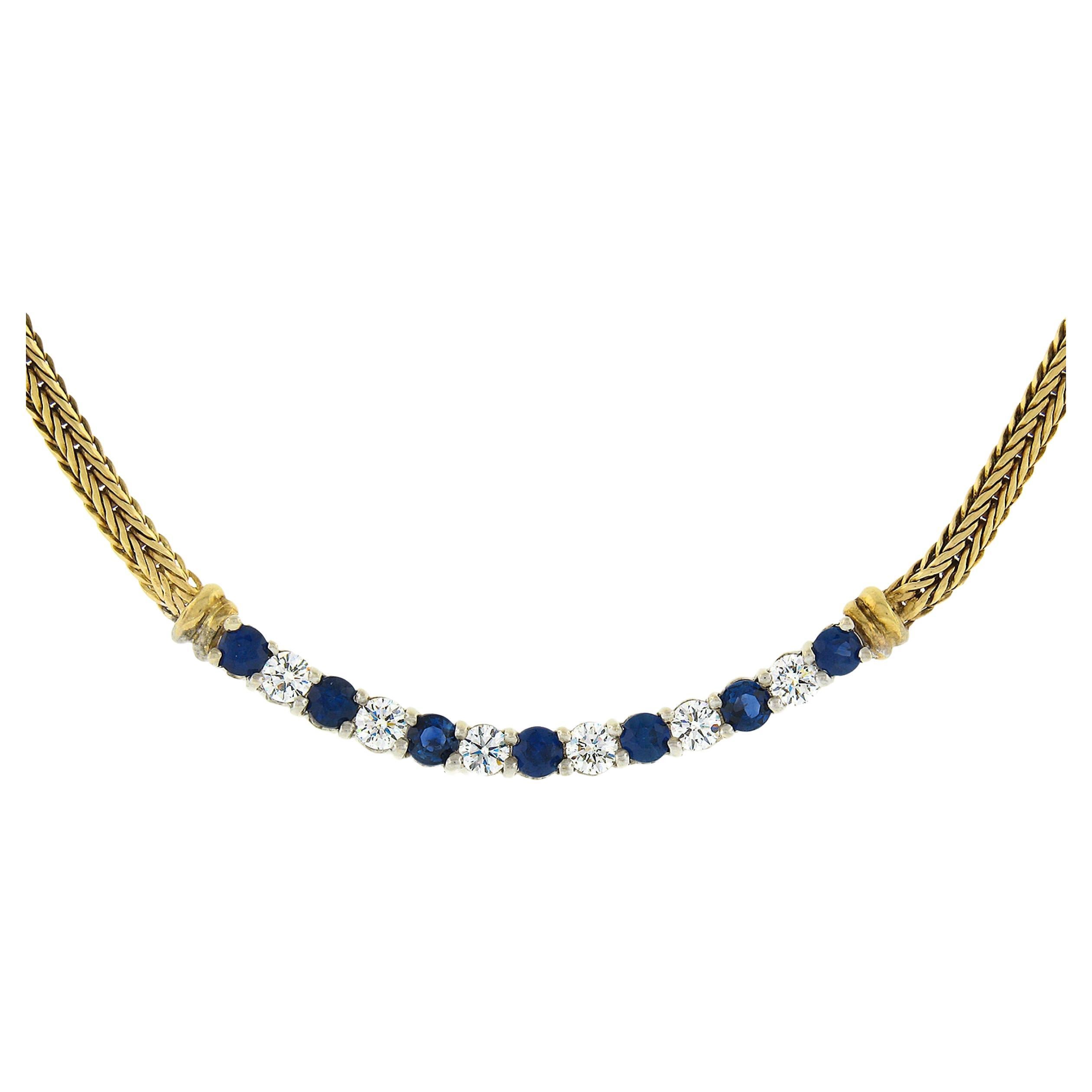 16.75" Vintage 18k TT Gold Sapphire & Diamond Wide Wheat Fancy Chain Necklace For Sale