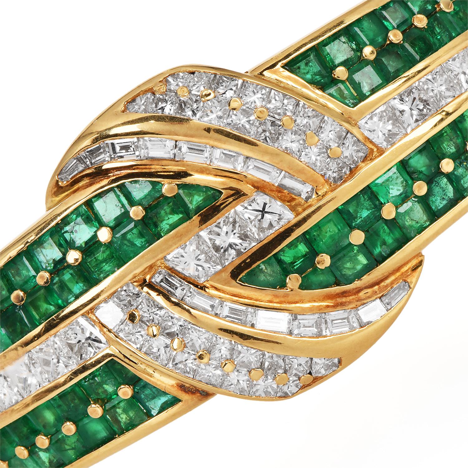 Rétro Bracciale Statement Bangle in oro 18K con smeraldo e diamanti da 16,75 carati in vendita