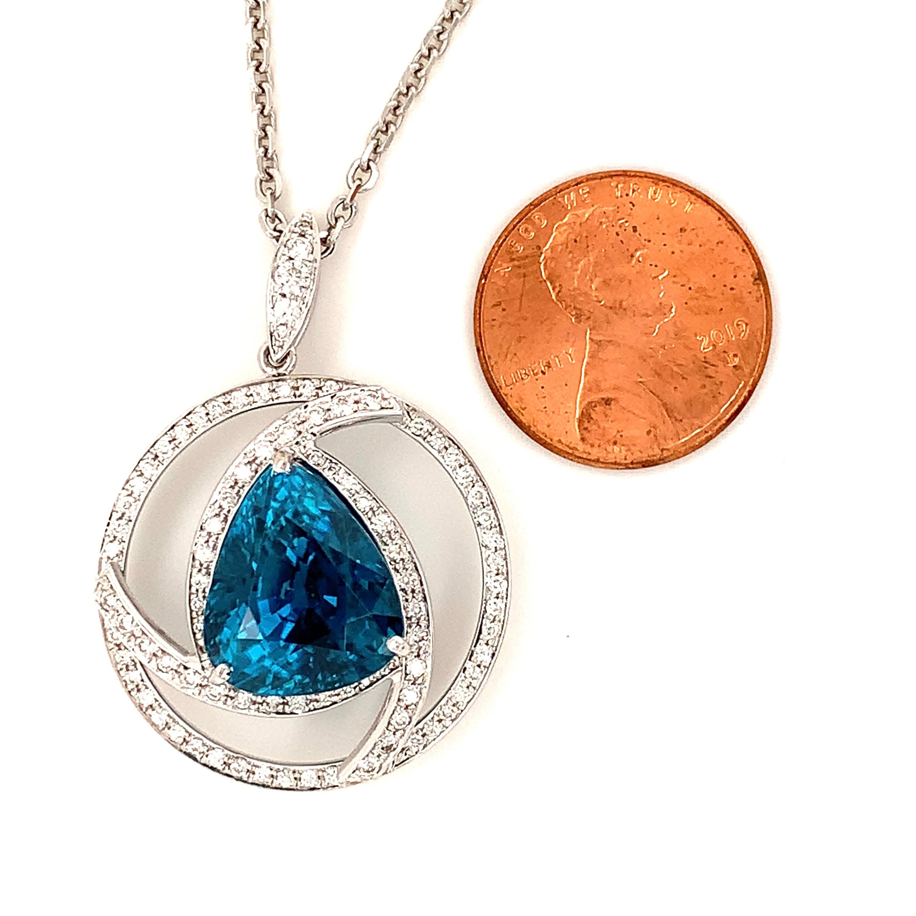 Trillion Cut 16.76 Carat Blue Zircon and Diamond Gold Pendant For Sale