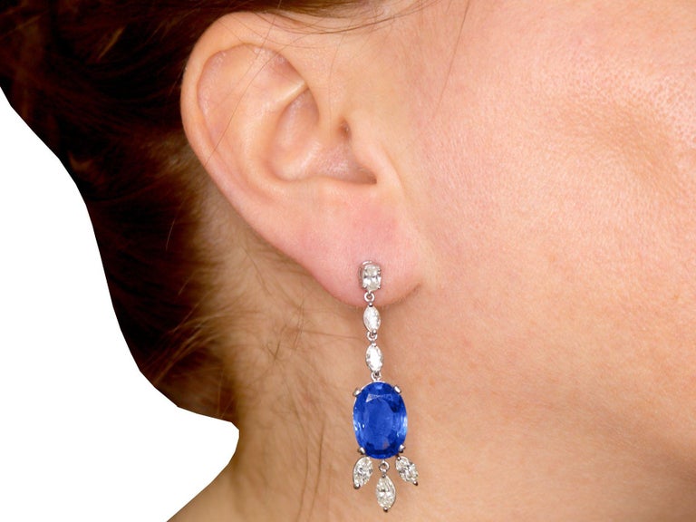 16.78 Carat Oval Cut Ceylon Sapphire and 4.26 Carat Diamond Drop Earrings For Sale 2