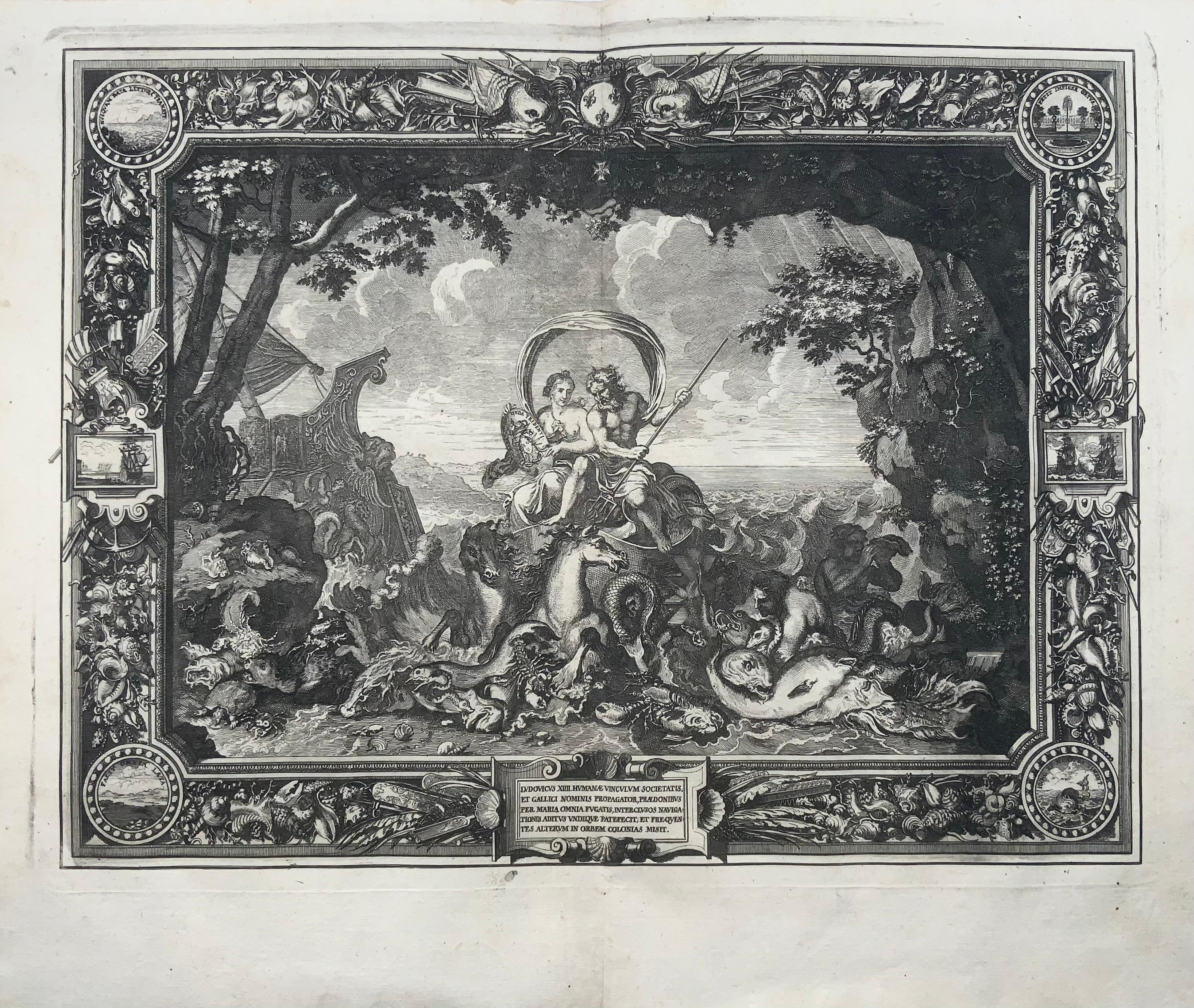 Stellt das Element Wasser dar und zeigt Neptun und THETIS auf einem von Seepferden gezogenen Streitwagen.

Radierung mit Kupferstich von Sébastien Leclerc aus dem Jahr 1679, nach Wandteppichen von Charles Le Brun. 

Größe: ca. 30,5 x 37 cm.