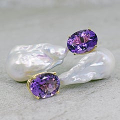 16.79 Carat Amethyst and Baroque Pearl 14 Karat Gold Drop Stud Earrings