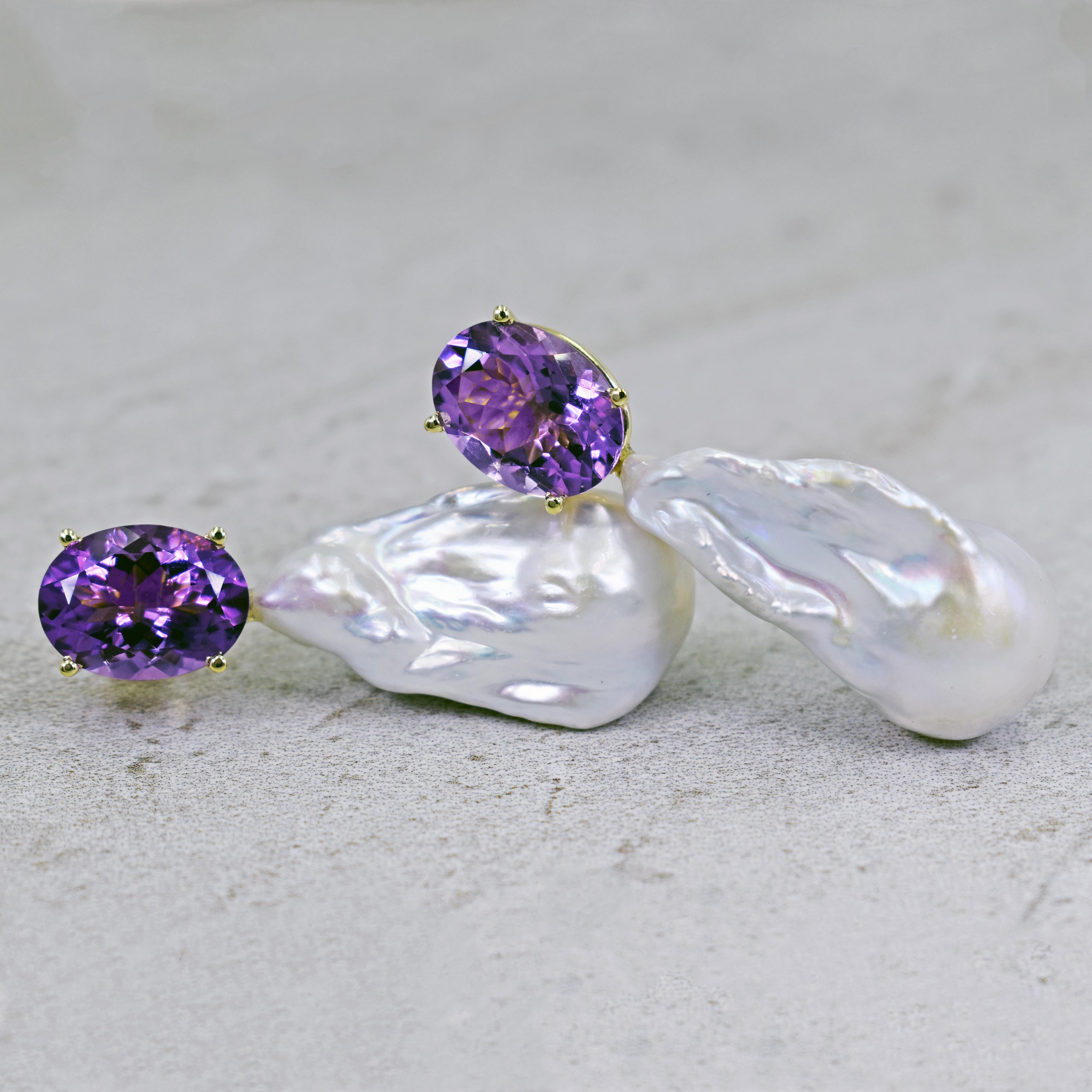 Women's 16.79 Carat Amethyst and Baroque Pearl 14 Karat Gold Drop Stud Earrings For Sale