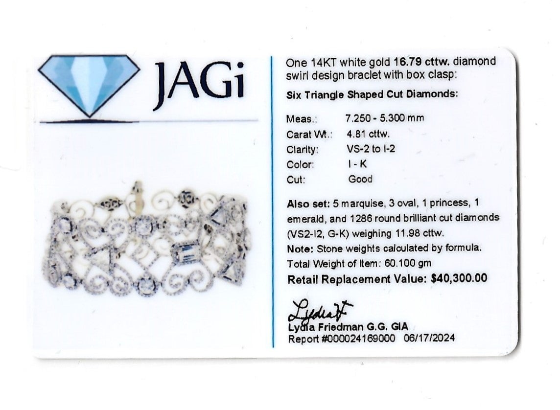 Bracciale a maglie larghe con diamanti da 16,79 carati e design a vortice aperto in oro bianco 14 carati in vendita 4