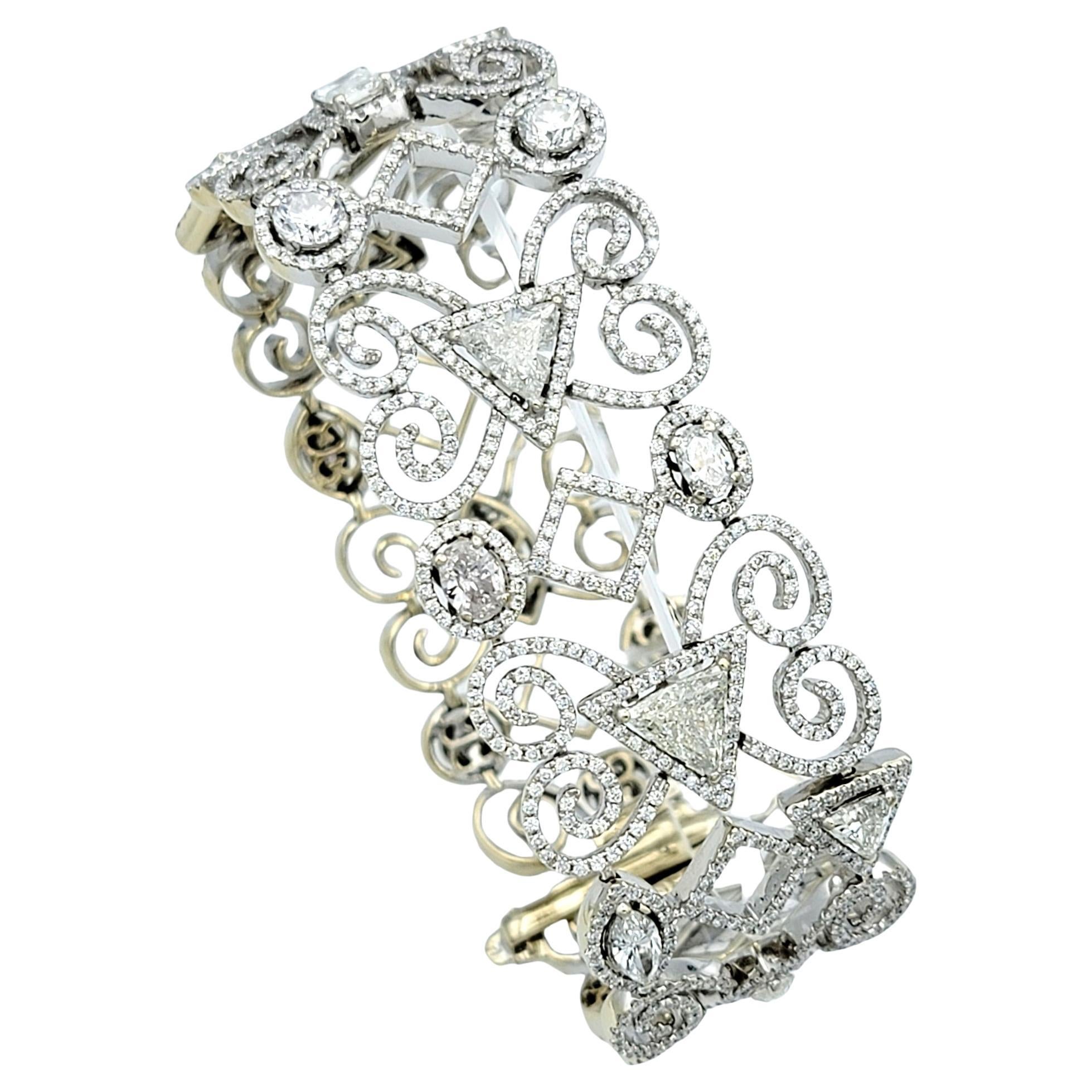 Bracelet à larges maillons en or blanc 14 carats avec diamants en forme de tourbillon ouvert de 16,79 carats
