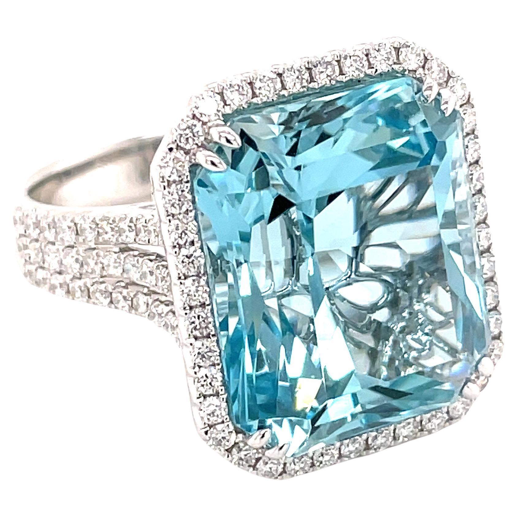 16.79 Carat Emerald Cut Aquamarine and Diamond Cocktail Ring