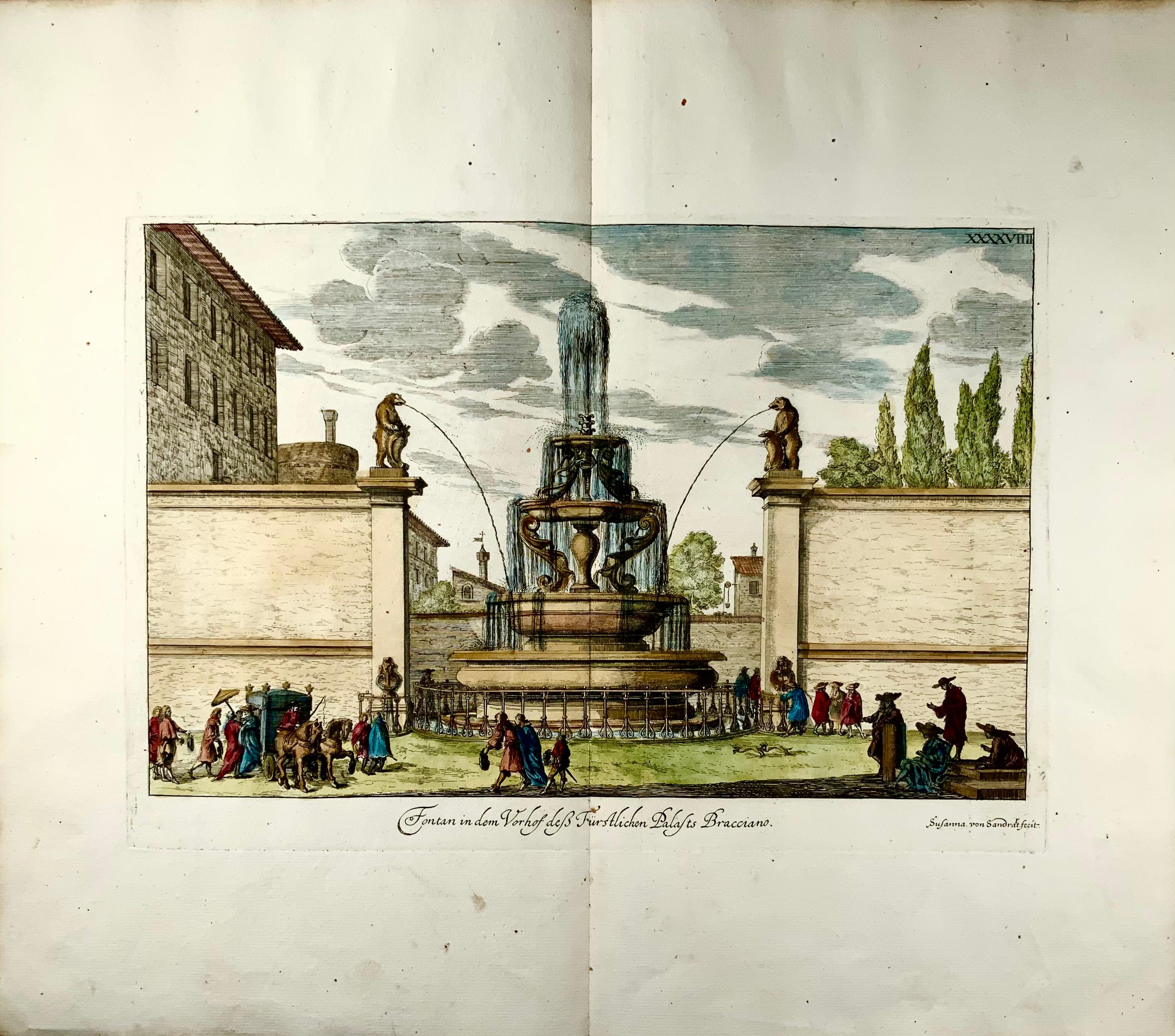 “Fontan in dem Vorhof des Fürstlichen Palasts Bracciano (Fountain Bracciano in Rome, Italy).” Original antique copperplate engraving on early hand-laid paper by German artist and engraver, Susanna von Sandrart. Published in Italy, 1679. 

It is a