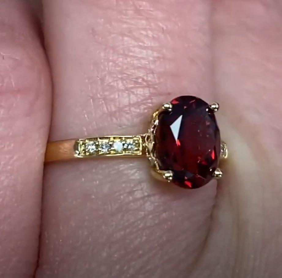 Art Deco 1.67ct Oval Cut Natural Garnet Engagement Ring, 14k Yellow Gold For Sale