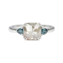 1.67ct Salt and Pepper Diamond Blue Sapphire Side 14K White Gold Engagement Ring