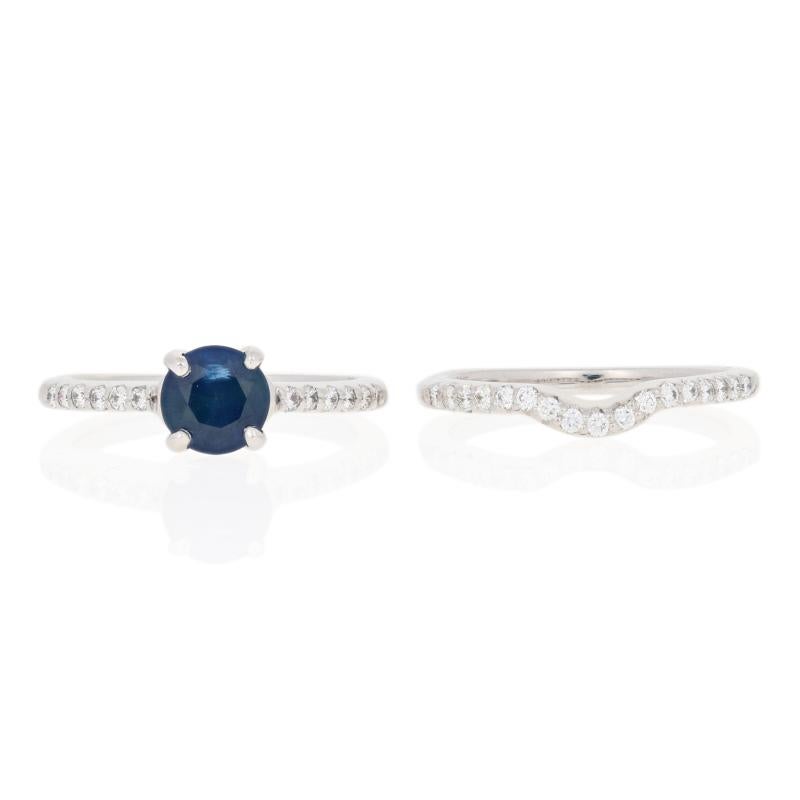 1.67 Carat Round Cut Sapphire and Diamond Ring and Wedding Band 14 Karat Gold For Sale 1