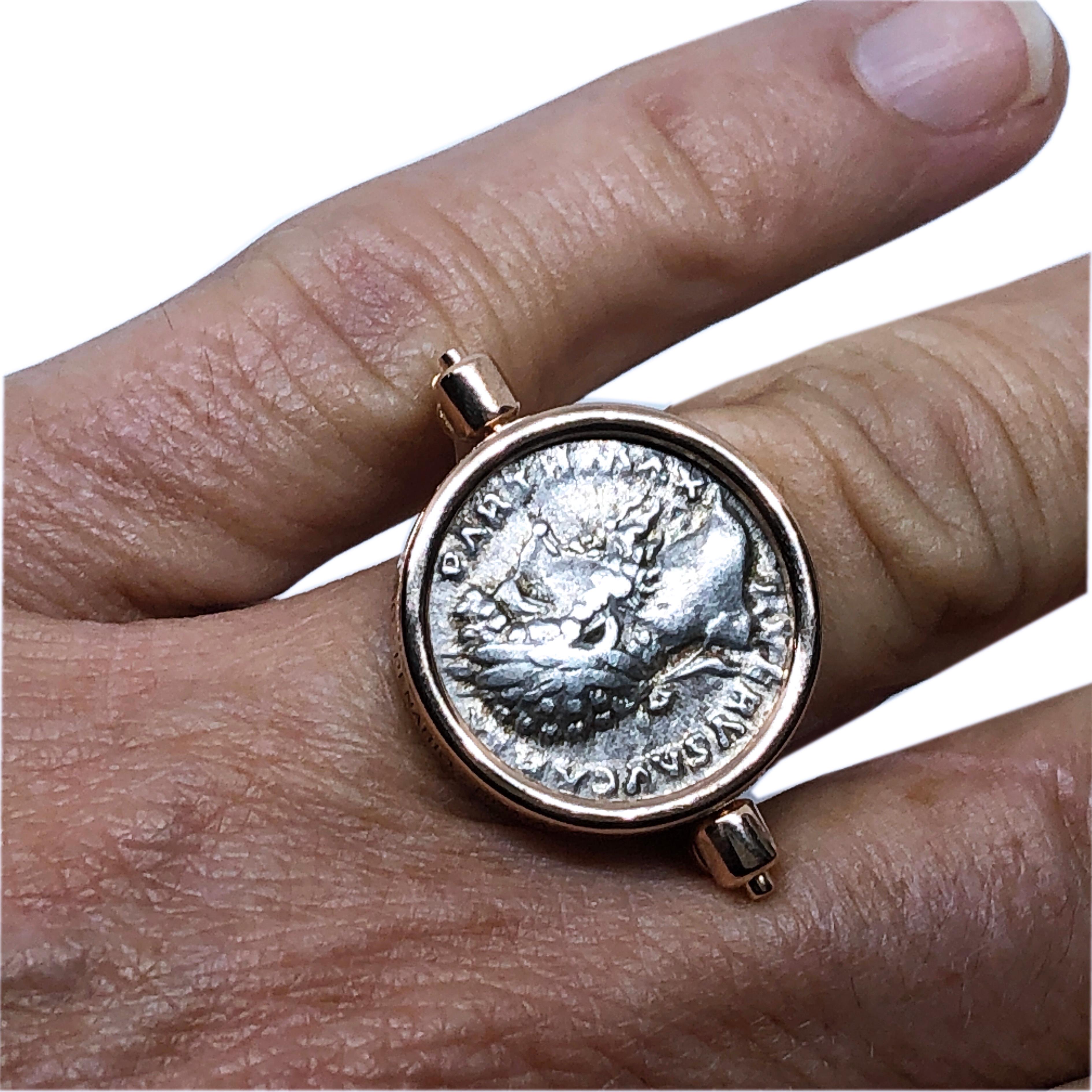 168 A.D. Lucio Vero/Aequitas Silver Roman Coin 18K Gold Unisex Rotating Ring 7