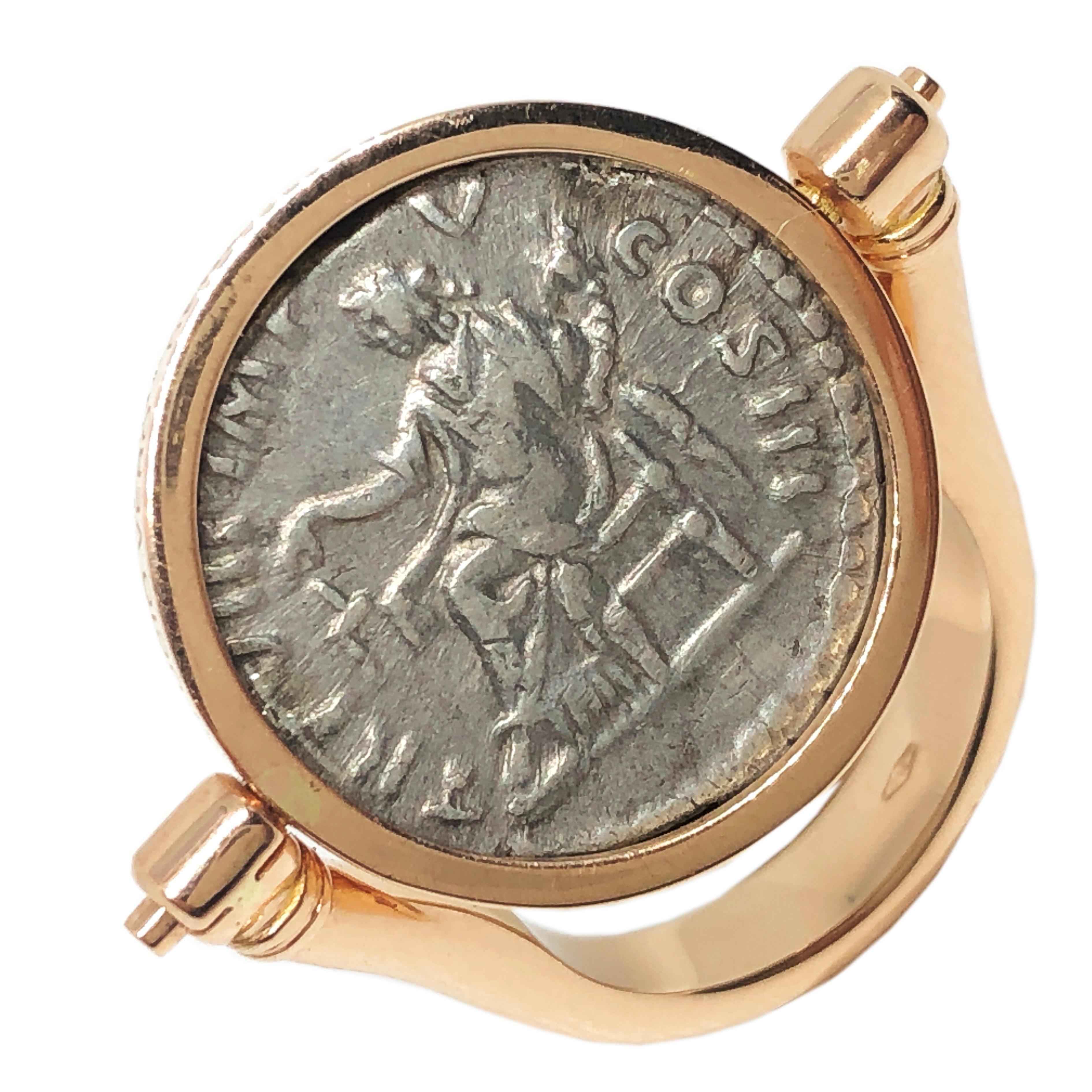 Contemporary 168 A.D. Lucio Vero/Aequitas Silver Roman Coin 18K Gold Unisex Rotating Ring