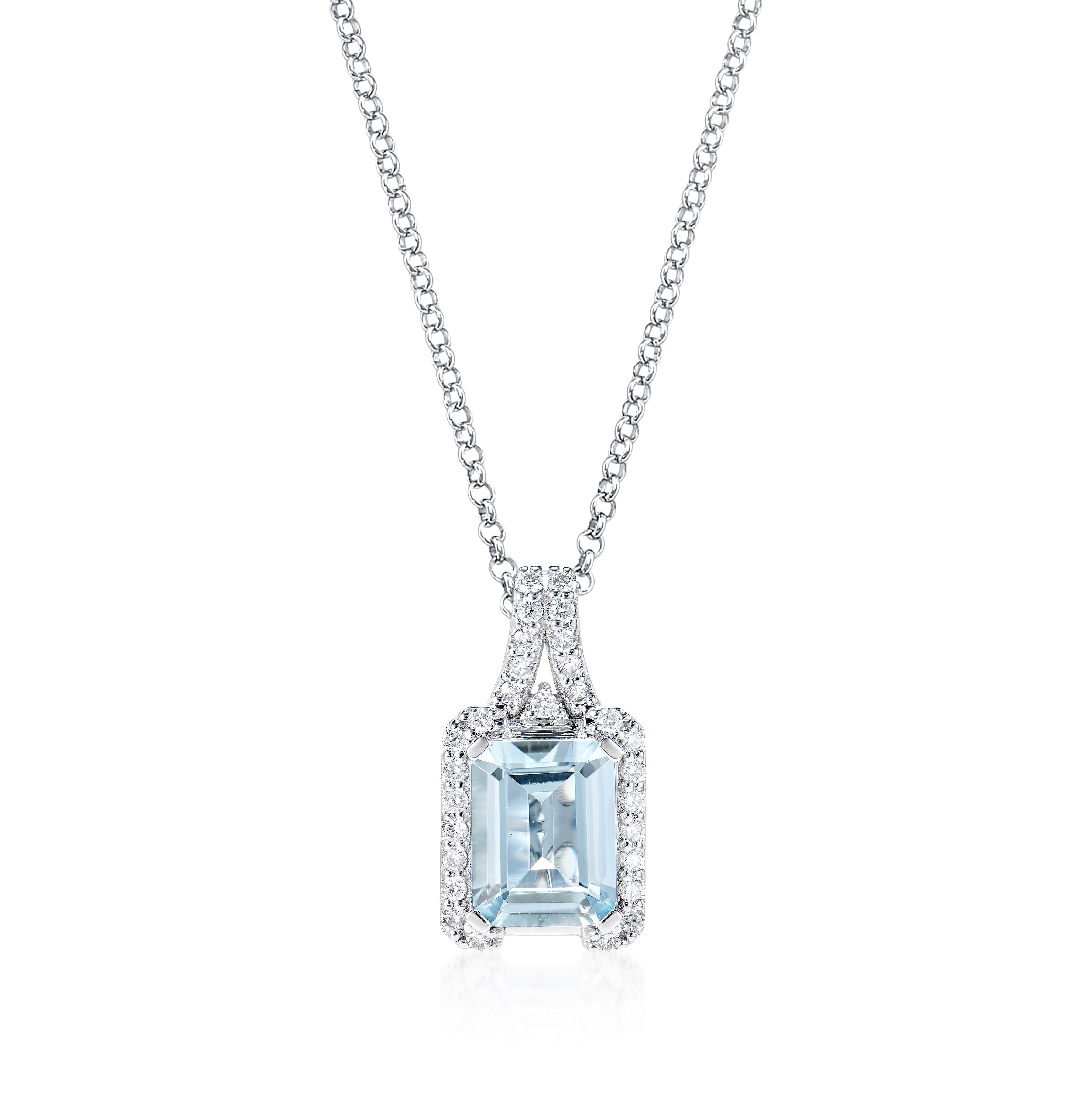 This collection features an array of aquamarines with an icy blue hue that is as cool as it gets! Accented with White Diamonds these Pendant are made in white gold and present a classic yet elegant look. 

Aquamarine Pendant in 18Karat White Gold