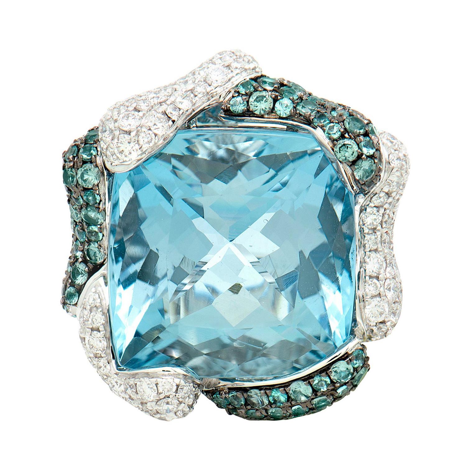 16.8 Carat Aquamarine Ring in 18 Karat White Gold with Paraiba and Alexandrite