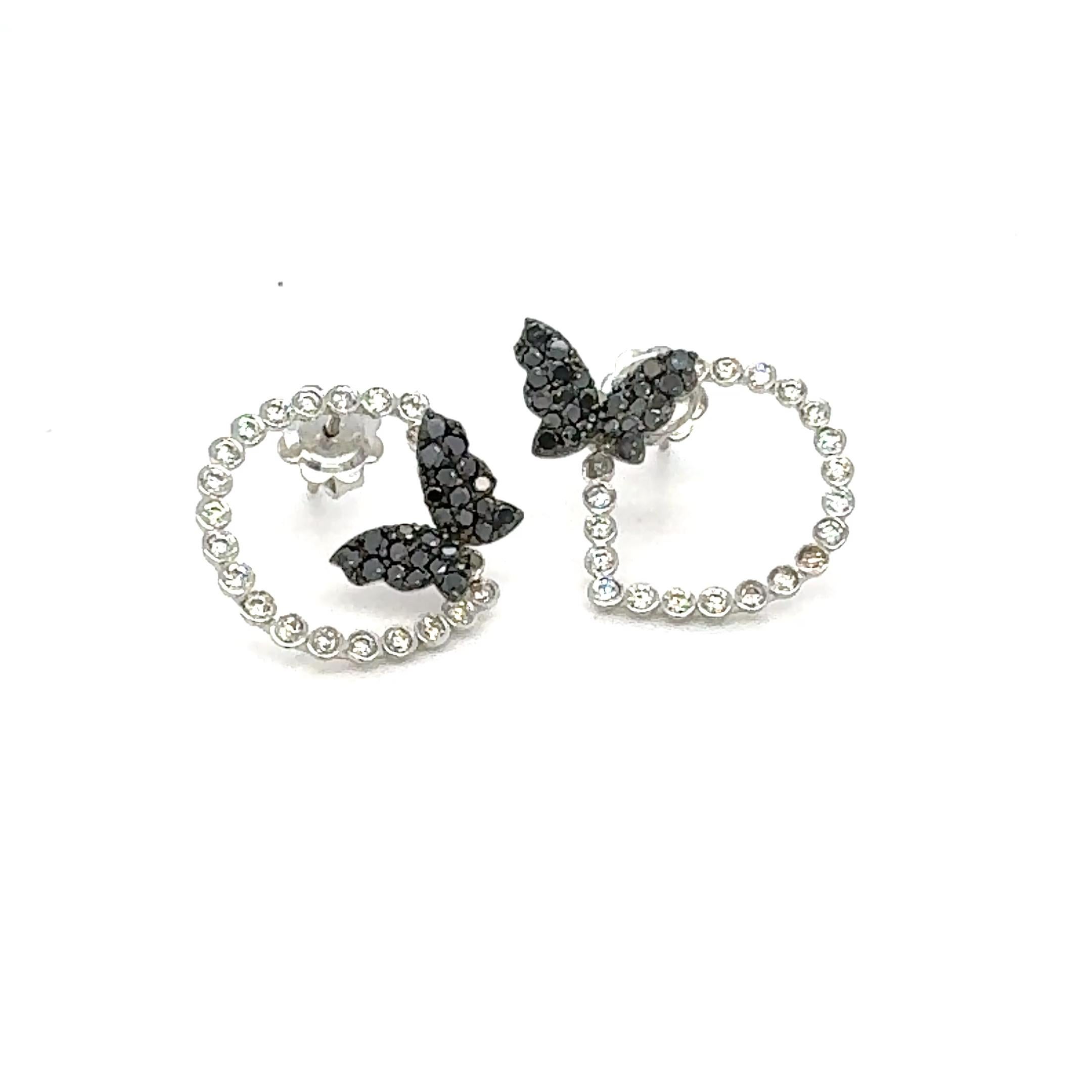 Boucles d'oreilles papillon en or blanc 14 carats et diamants noirs 1,68 carat Pour femmes en vente