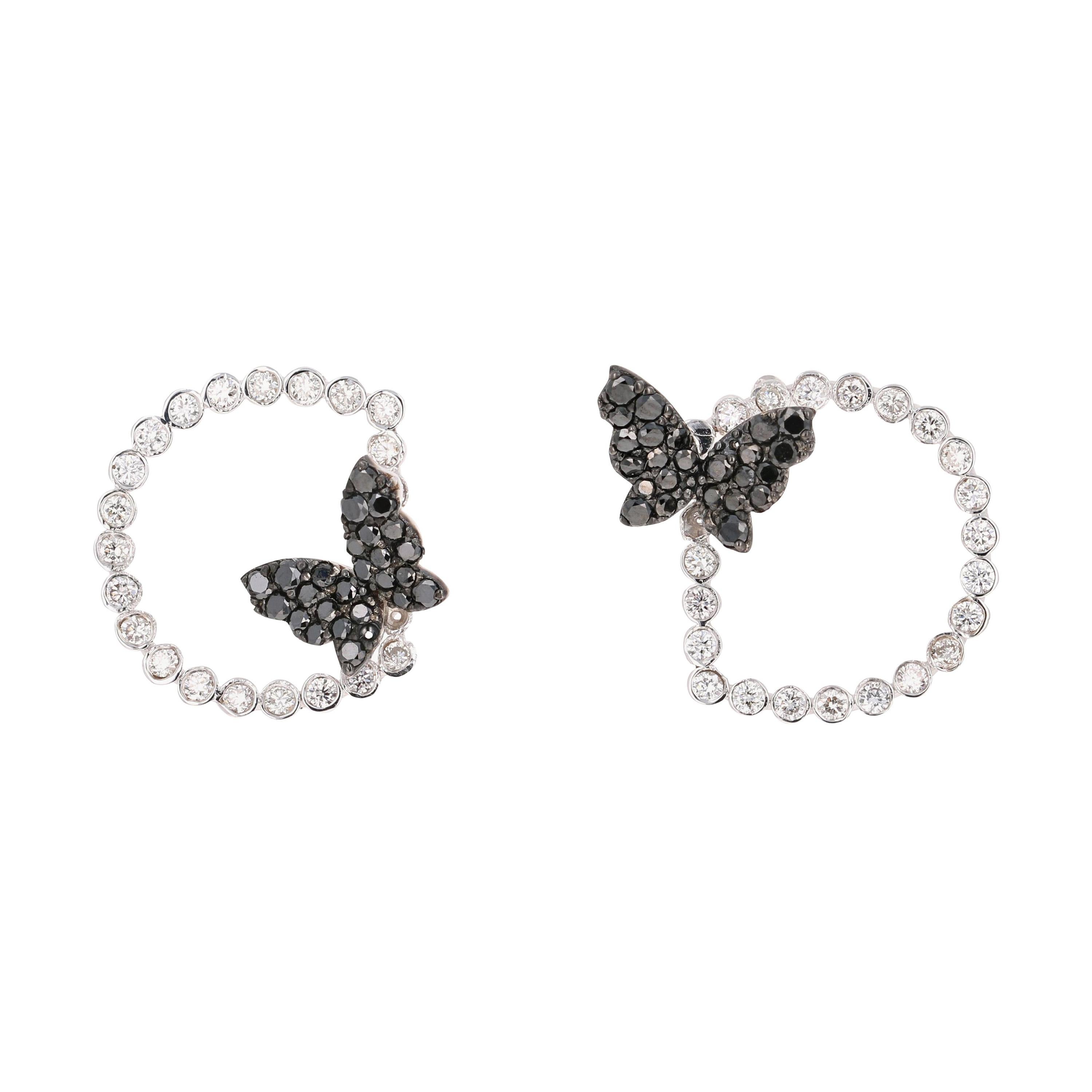 1.68 Carat Black Diamond Butterfly 14 Karat White Gold Earrings For Sale