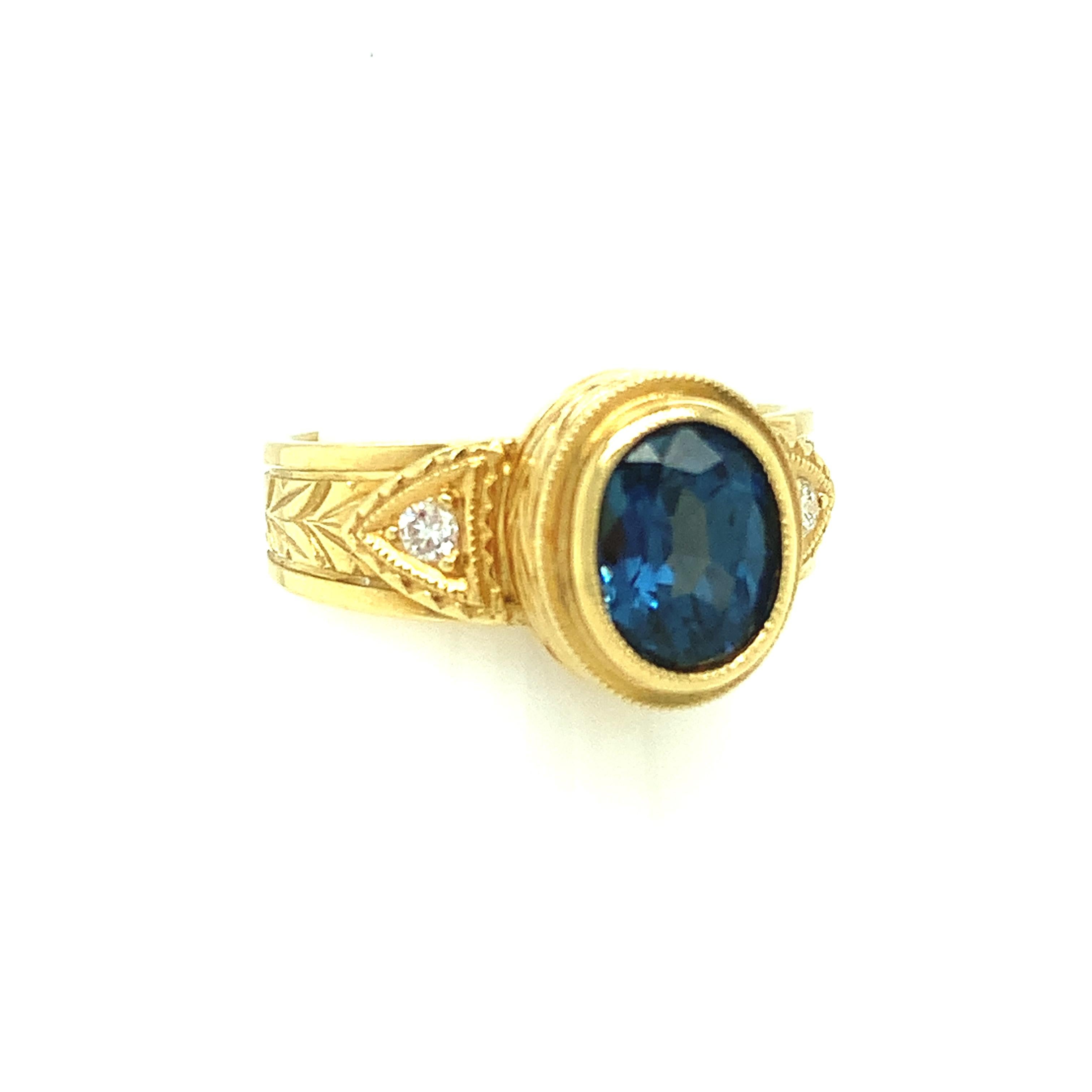 Artisan 1.68 Carat Blue Sapphire and Diamond Hand-Engraved Band Ring in 18k Yellow Gold  For Sale