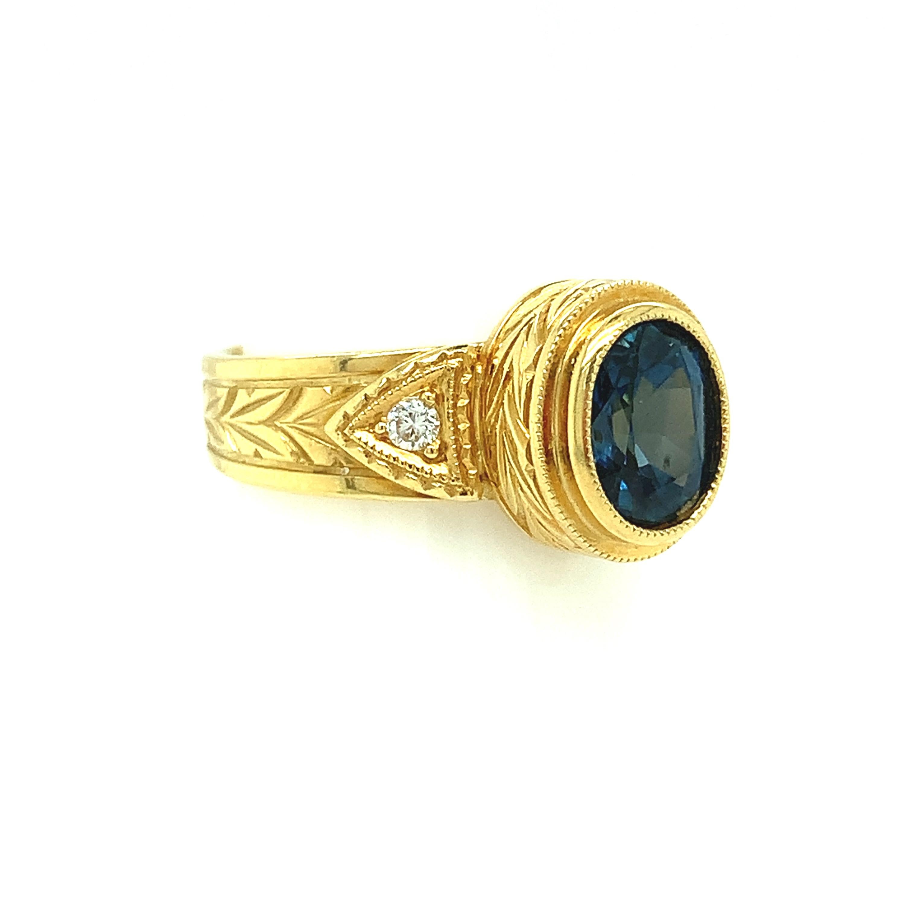 Oval Cut 1.68 Carat Blue Sapphire and Diamond Hand-Engraved Band Ring in 18k Yellow Gold  For Sale