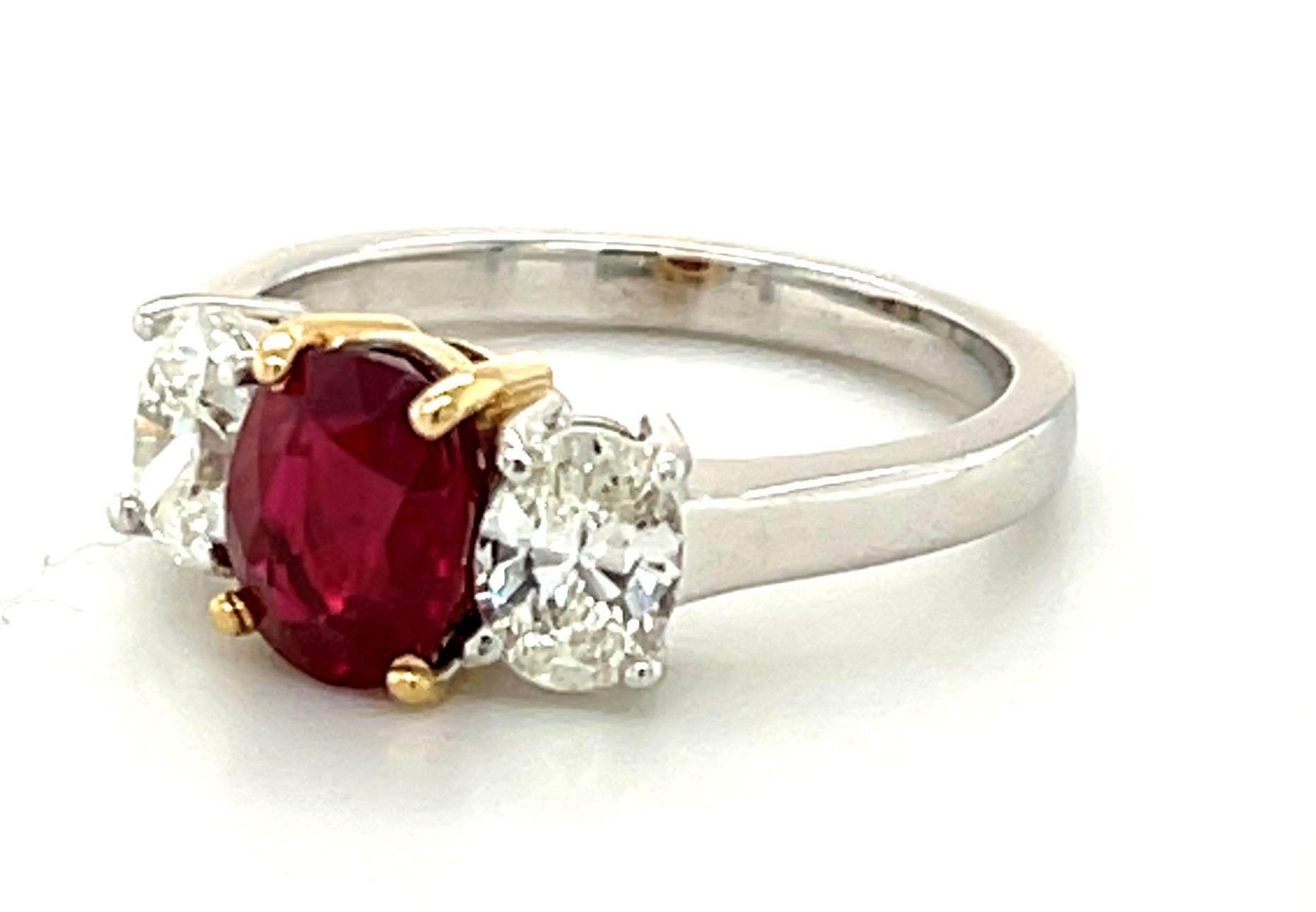 Artisan 1.68 Carat Burmese Ruby and Diamond 3-Stone Engagement Ring in 18k Gold For Sale